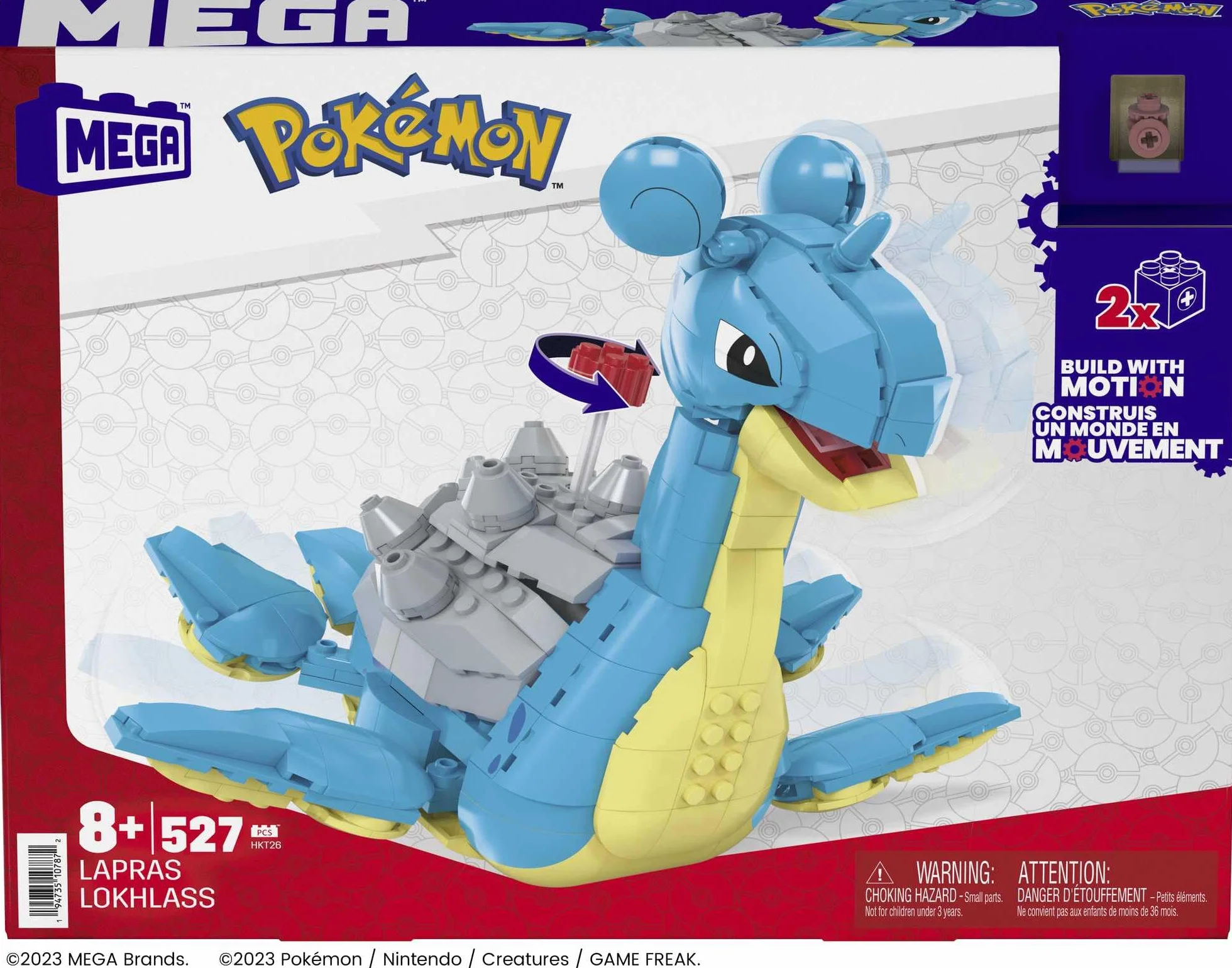 MEGA Pokemon Lapras Zestaw klocków (527 elementów) z funkcją ruchu, do zbudowania i ustawiania w różnych pozach, 17,5 cm wysokości, HKT26