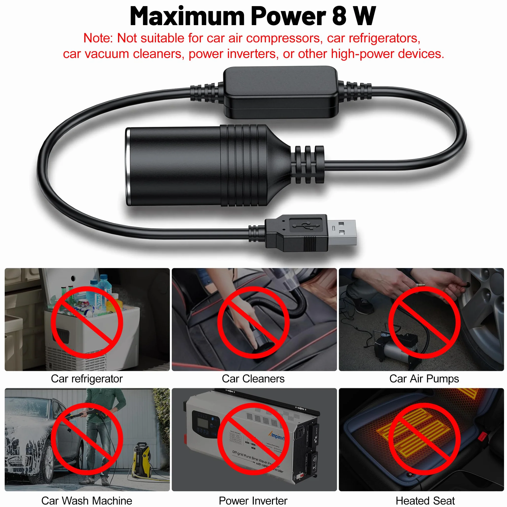 AUSYDE 5 V USB A męski na 12 V gniazdo zapalniczki samochodowej żeński konwerter przedłużacz kabel adapter przewód (poniżej 8 W) na zewnątrz, kemping i podróże