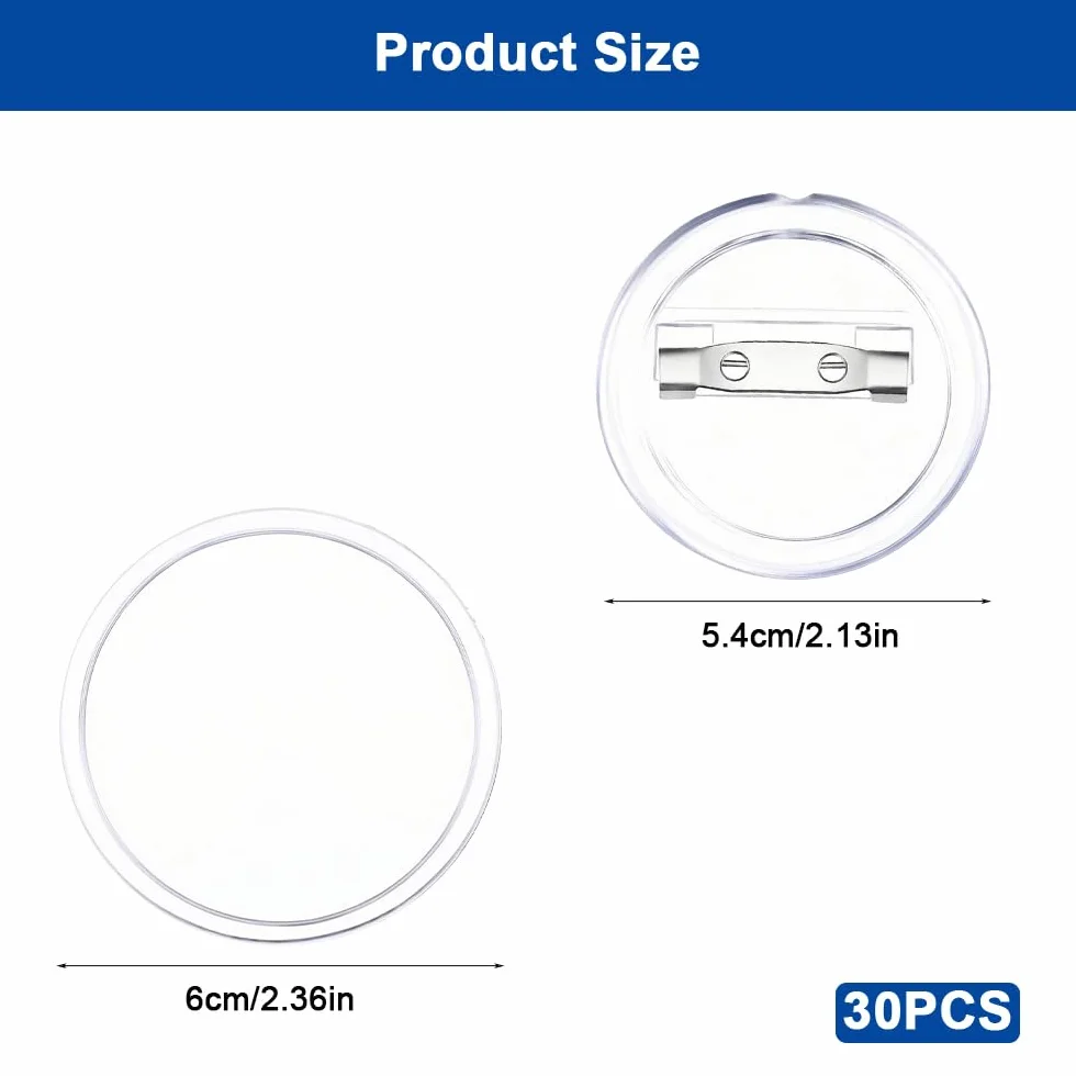 30 sztuk przypinek do samodzielnego wykonania, bez maszyny, przezroczyste guziki 60 mm, przezroczyste przypinki z agrafką, akrylowe, do zdjęć, ubrań, szkoły