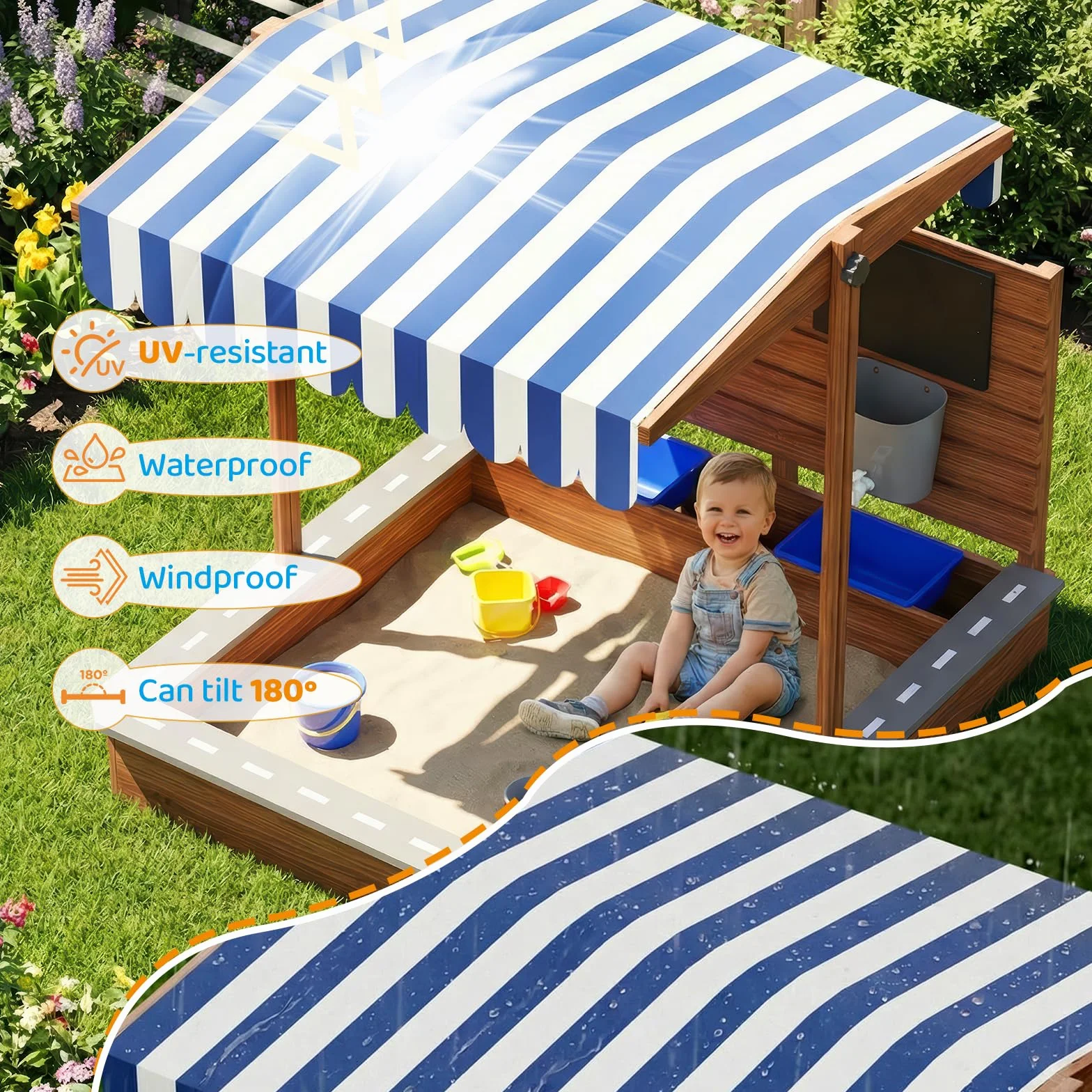 MAMIZO Drewniana piaskownica z Drewna, piaskownica dla dzieci z Tablica, kranem, 2 Basin, odpowiednia do ogrodu, plażę, balkon, Czarna Podstawa z Włókniny, Zabawka Plażowa, 100x111x105 cm