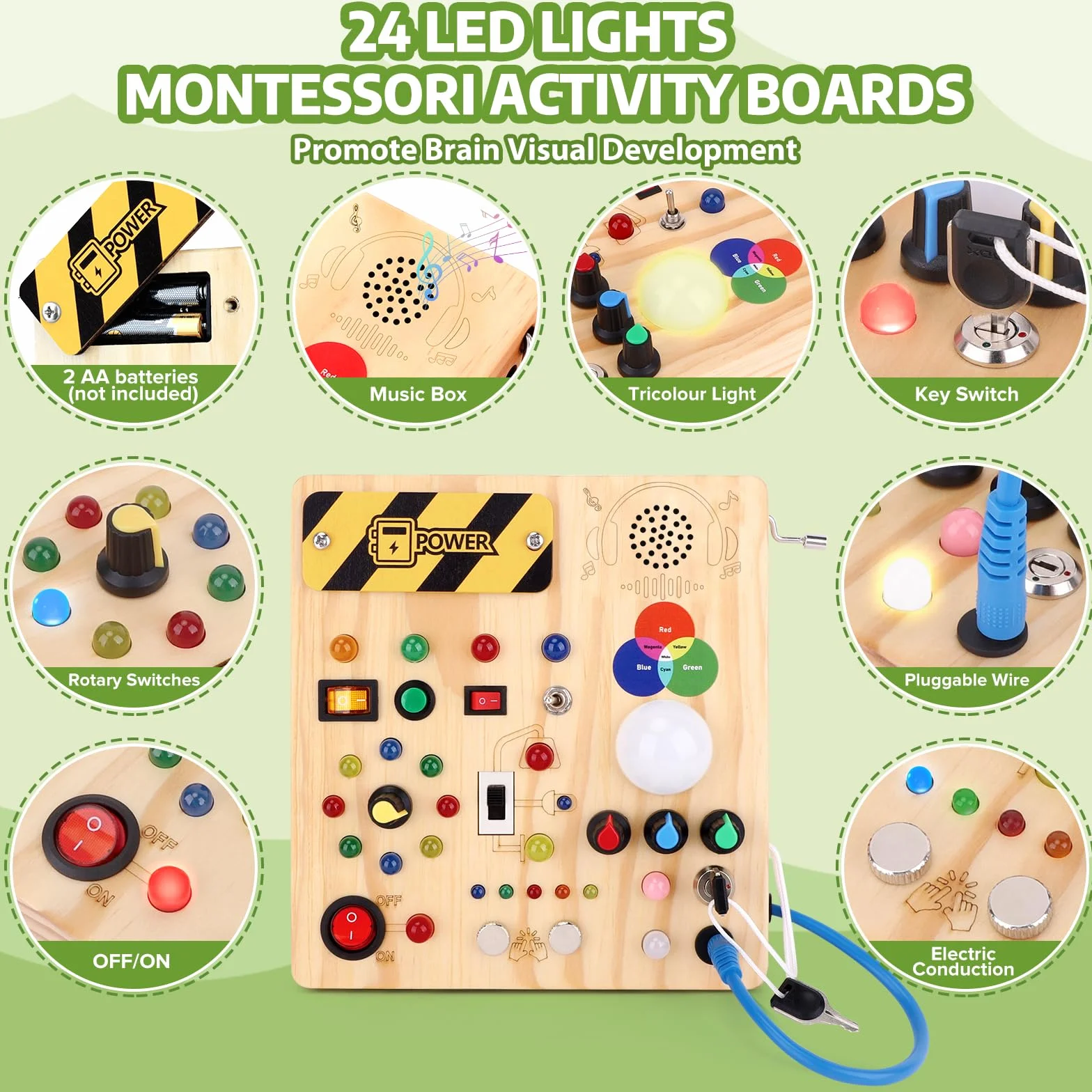 Montessori Busy Board Dzieci w Wieku 1 Roku Drewniana Zabawka z 13 Przełączników i 24 Diody LED Zabawka Sensoryczna dla Dzieci w Wieku 1, 2, 3 Lat