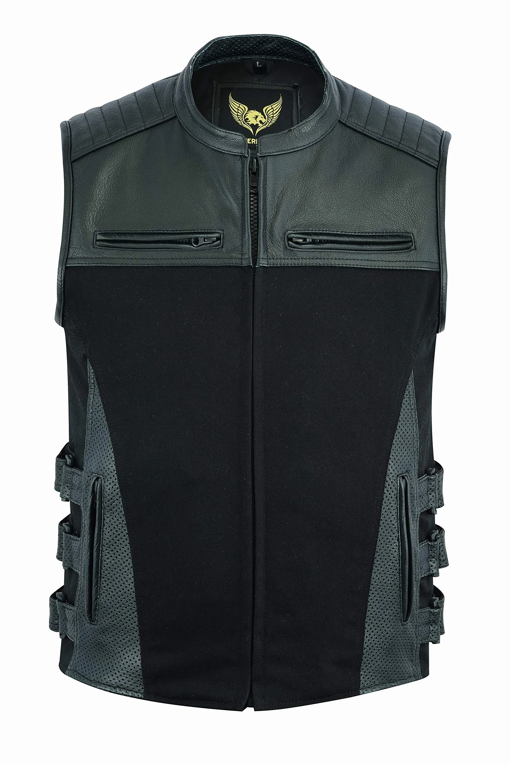 Leatherick Warrior dżinsowa i skórzana kamizelka motocyklowa z kieszeniami na pistolet i perforowane panele