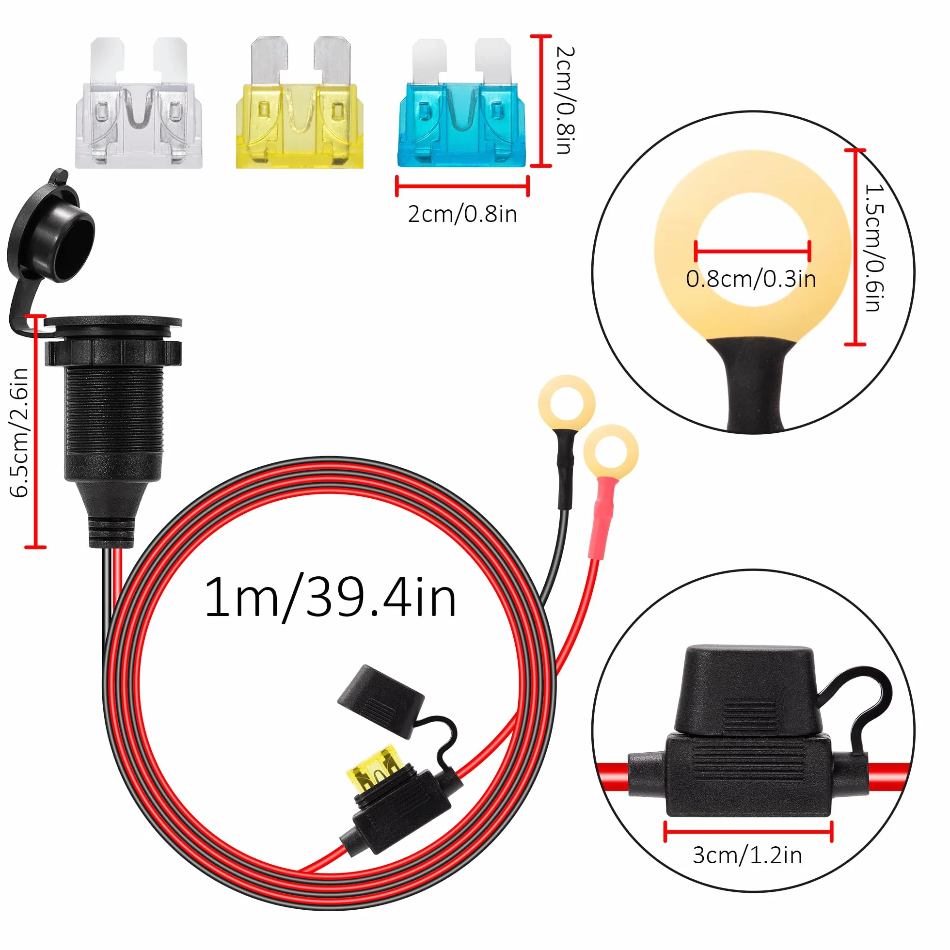 Zapalniczka z przewodem przedłużającym 1M 14AWG Gniazdo zapalniczki samochodowej 12V/24V DC wodoodporna instalacja z bezpiecznikiem 20 A do samochodu łodzi motocykla