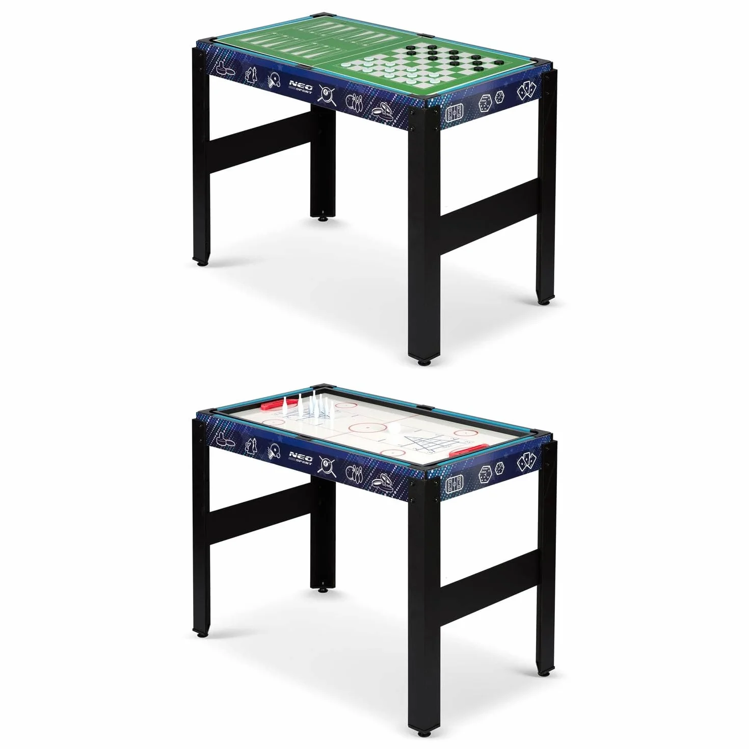 Multi stół do gier 12w1, piłkarzyki, ping-pong, cymbergaj, bilard, warcaby, kręgle, szachy, karty, 106 x 59 x 90 cm, Neo-Sport