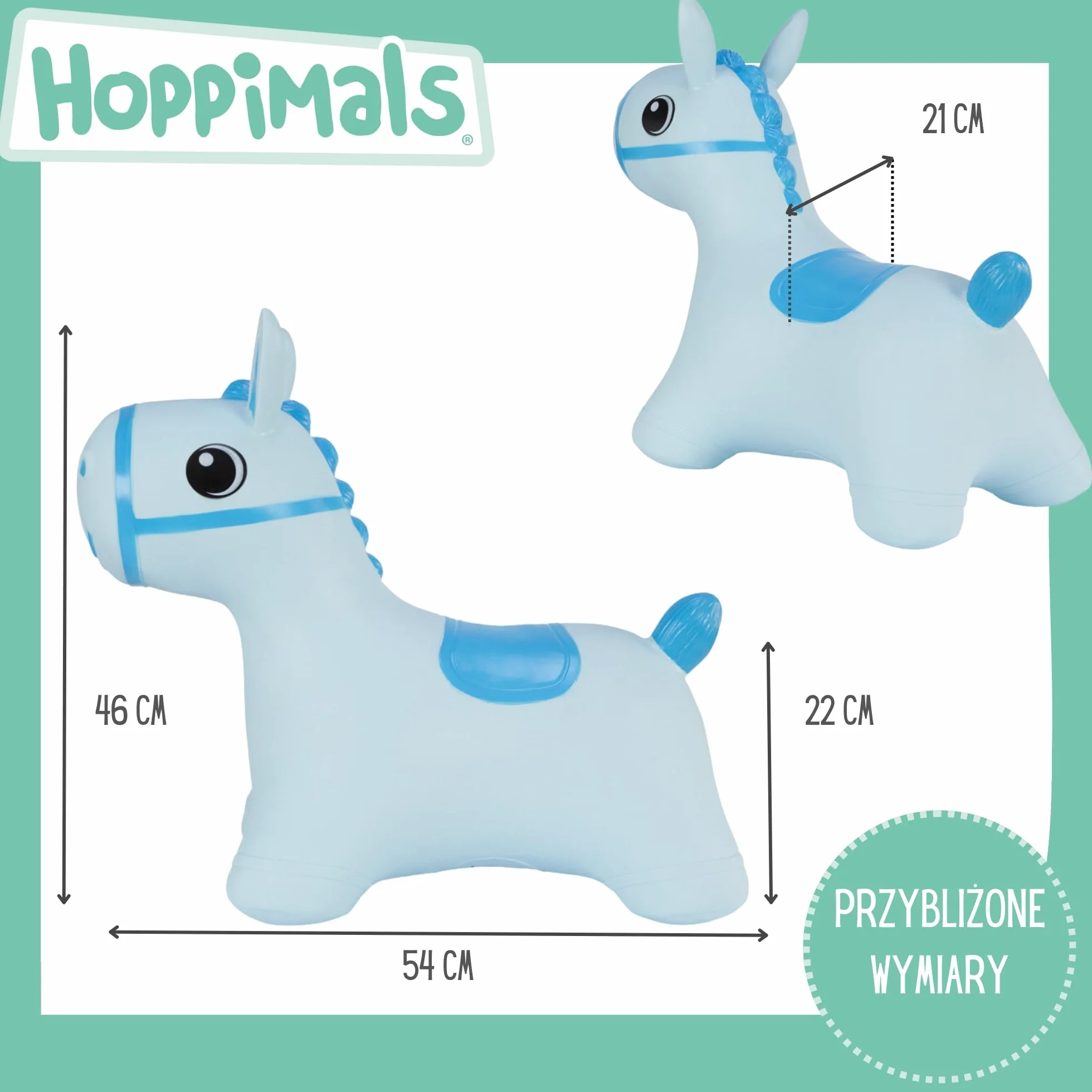 Gumowy Skoczek dla Dzieci - Nadmuchiwana Zabawka do Skakania - KONIK Niebieski T-TFF-NN182 - Pompka i Kartonik w Zestawie - Dla Dzieci już od 1 Roku Życia - Idealny Prezent na Roczek