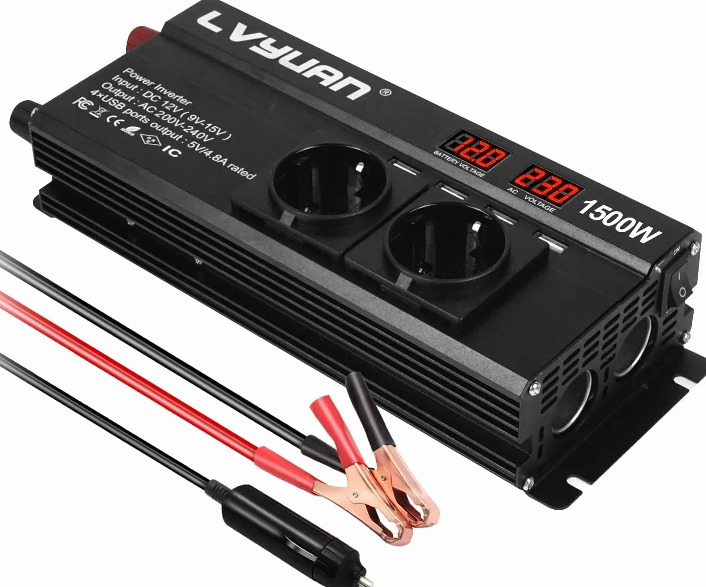 Yinleader Power Inverter 12V 230V 1500W Falownik z 4 USB i 2 Gniazdami