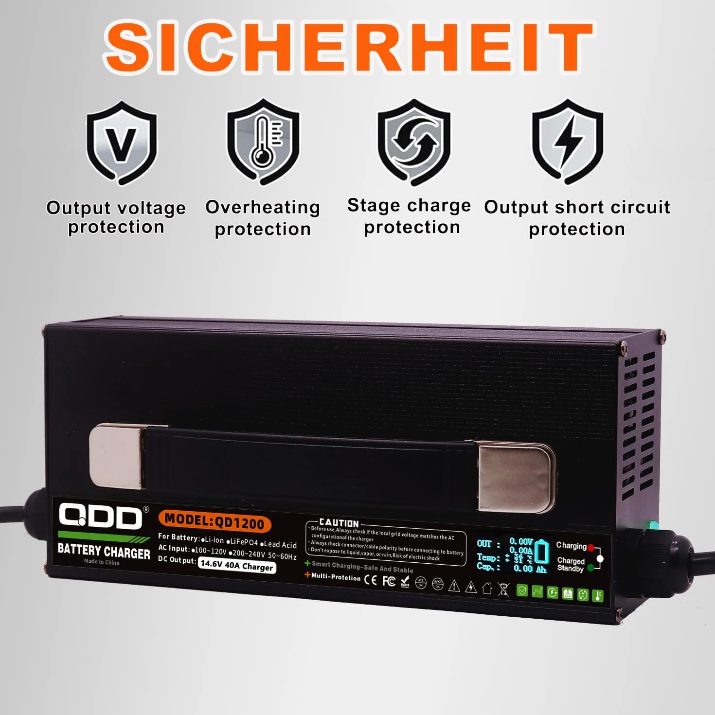 QDD LiFePO4 ładowarka do akumulatorów 14,6 V 40 A, specjalnie do akumulatorów LiFePO4 12 V, ze wskaźnikiem LED, inteligentna ładowarka AC-DC do baterii litowych 12,8 V LiFePO4, szybkie ładowanie 40 A