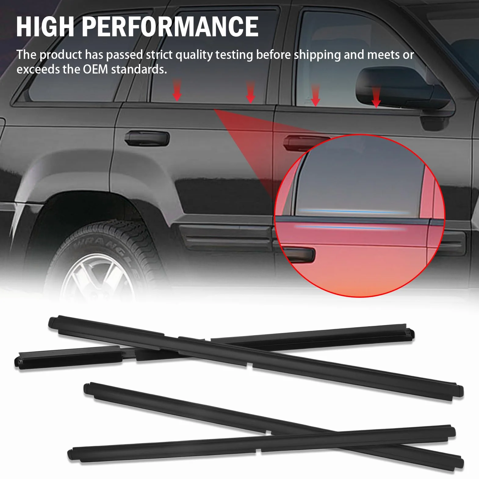 4 sztuki przednich tylnych listew okiennych 55135890AF, 55135891AF, 55135878AF, 55135879AF Window Sweep uszczelki okienne do Grand Cherokee II WJ WG 1998-2005, 4 sztuki