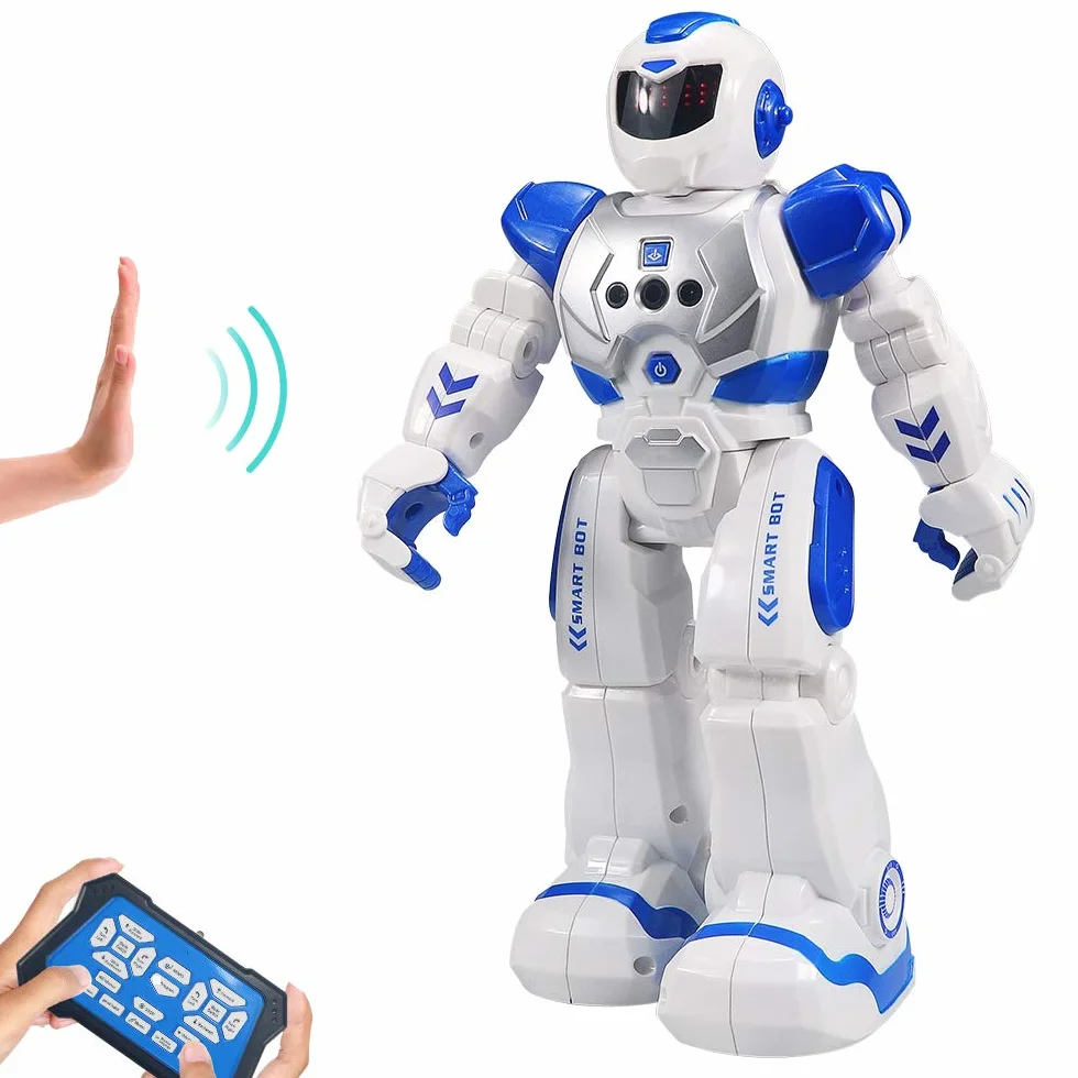 HUSAN Robot zdalnego sterowania dla dzieci, inteligentny tańczący robot z kontrolerem na podczerwień, zabawki, programowalny, śpiewanie, spacery po księżycu i oczy LED, zestaw robotów do wykrywania gestów dla dzieci (niebieski)