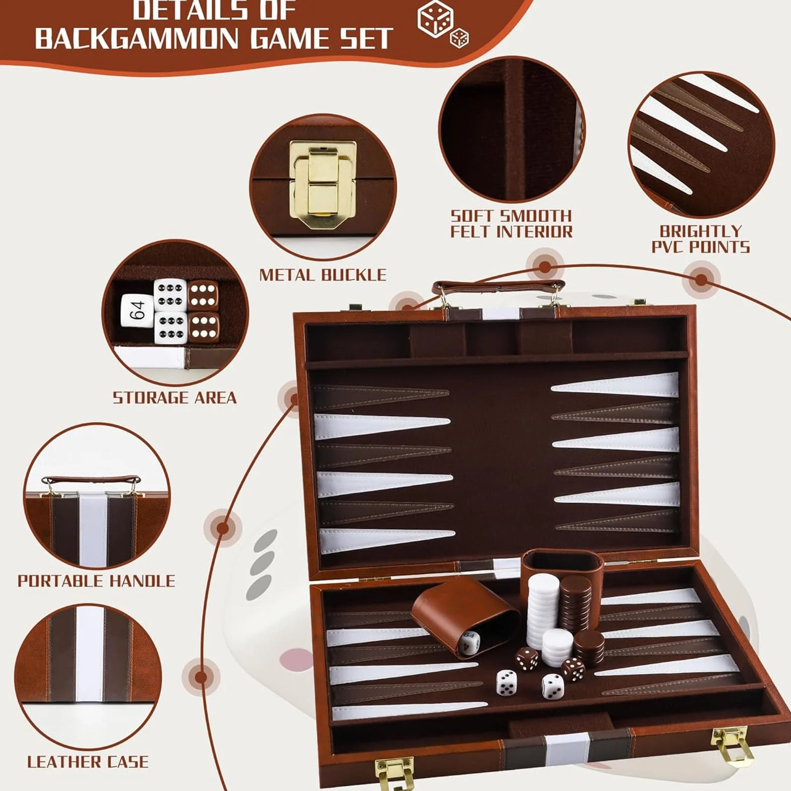 Backgammon drewniana walizka, dla 2 graczy, klasyczny zestaw podróżny do gry w backgammon z wysokiej jakości skórzanym pokrowcem, z kubkiem na kostkę, dla fanów kamperów i podróży