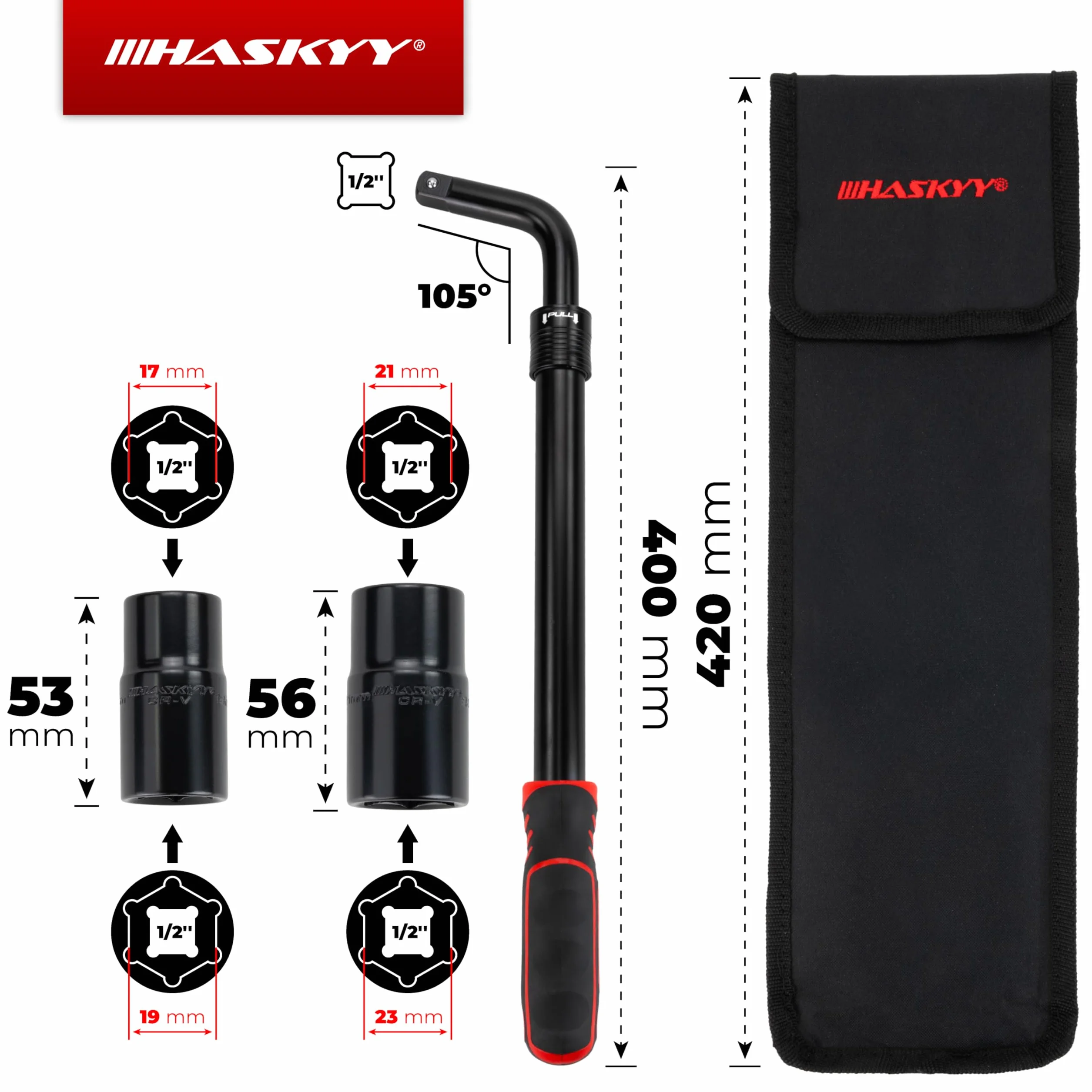 HASKYY Zestaw teleskopowych kluczy do kół 355 – 530 mm, z możliwością przedłużenia 1/2 cala, napęd 17/19 mm i klucz nasadowy 21/23 mm, klucz do kół, narzędzie do opon wraz z torbą do przechowywania