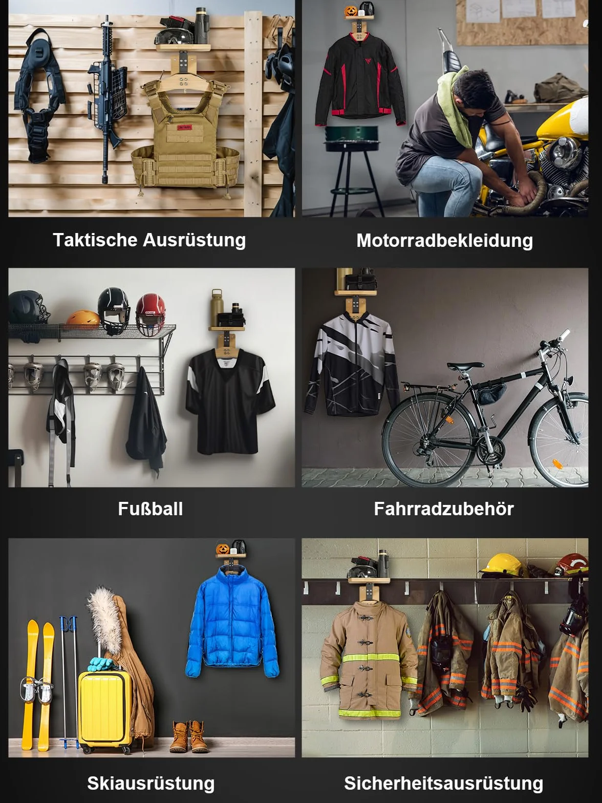 OneTigris Uchwyt na kamizelkę taktyczną na ścianę 09, uchwyt ścienny na motocykl, wieszak na kask, wspornik na płyty, uniwersalny organizer ścienny na wyposażenie motocyklowe, piłkarskie i rowerowe