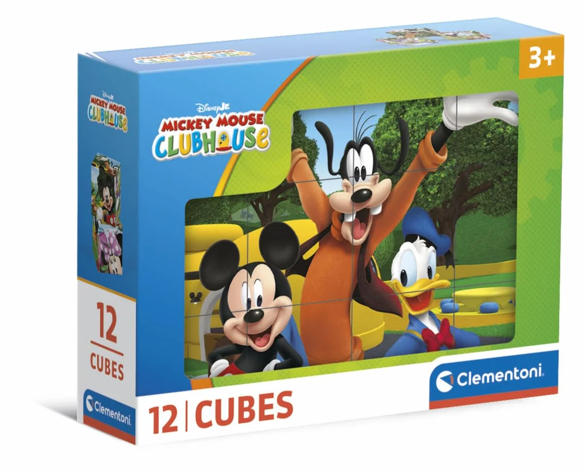 Clementoni Kostki Puzzle Myszka Miki 12 Kostek - 3 lata i więcej - Gra planszowa dla pierwszego wieku - Pomysł na prezent