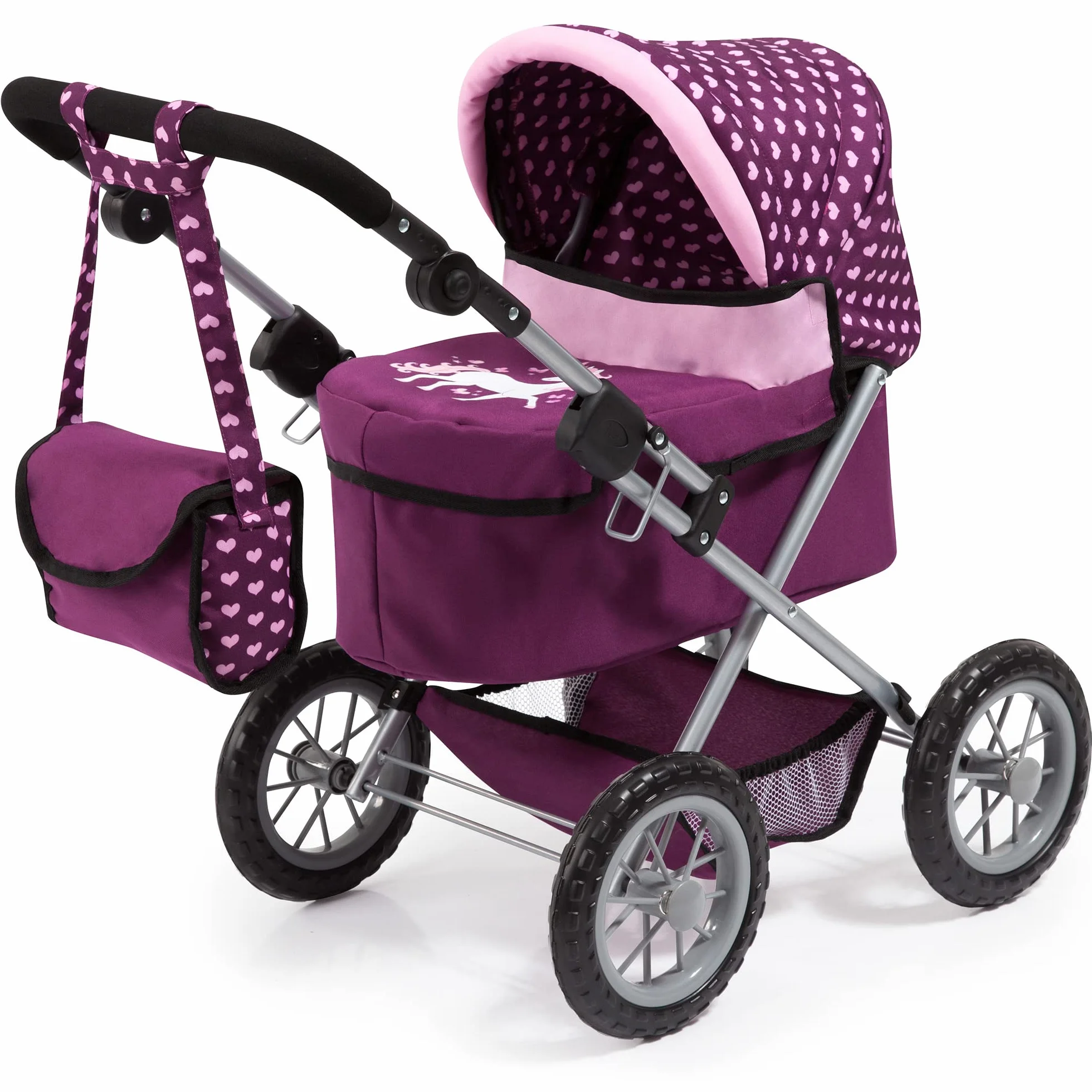 Bayer Design 13037AA Wózek dla lalek Trendy z torbą, regulowaną rączką, składany, zintegrowanym koszem, dużymi kołami, dla chłopców i dziewczynek od 3 lat