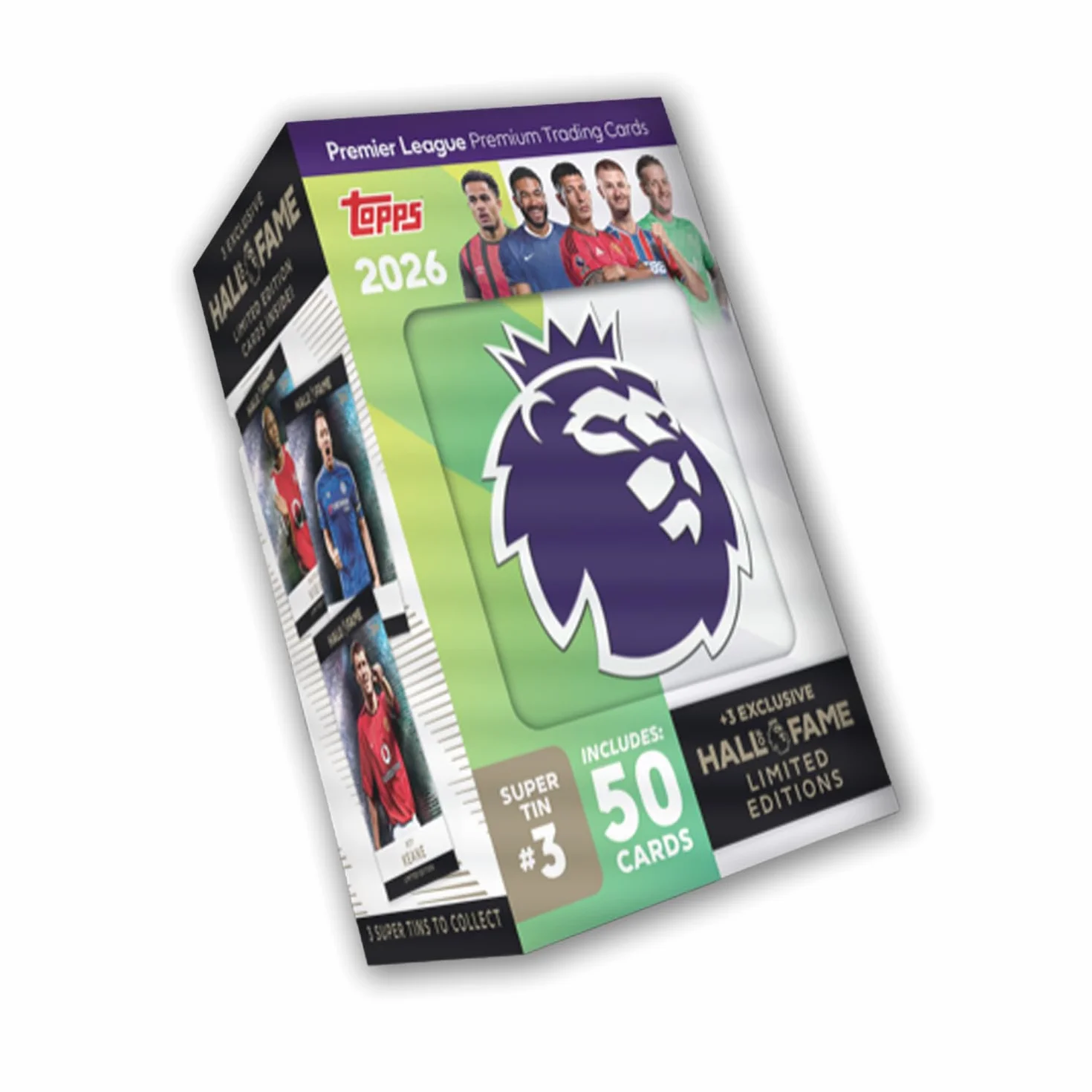 Topps Premier League 2026 - edycja debiutancka - Super Tin #3. Zawiera 50 kart Plus 3 karty LE Hall of Fame