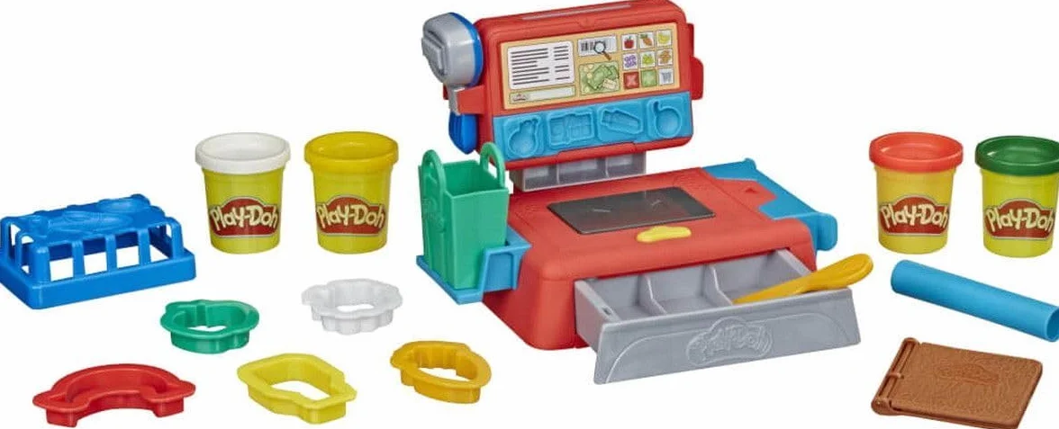 Kasa sklepowa Play-Doh, zabawka dla dzieci w wieku od 3 lat z wesołymi dźwiękami, akcesoriami do sztucznego jedzenia i nietoksyczną ciastoliną Play-Doh w 4 kolorach