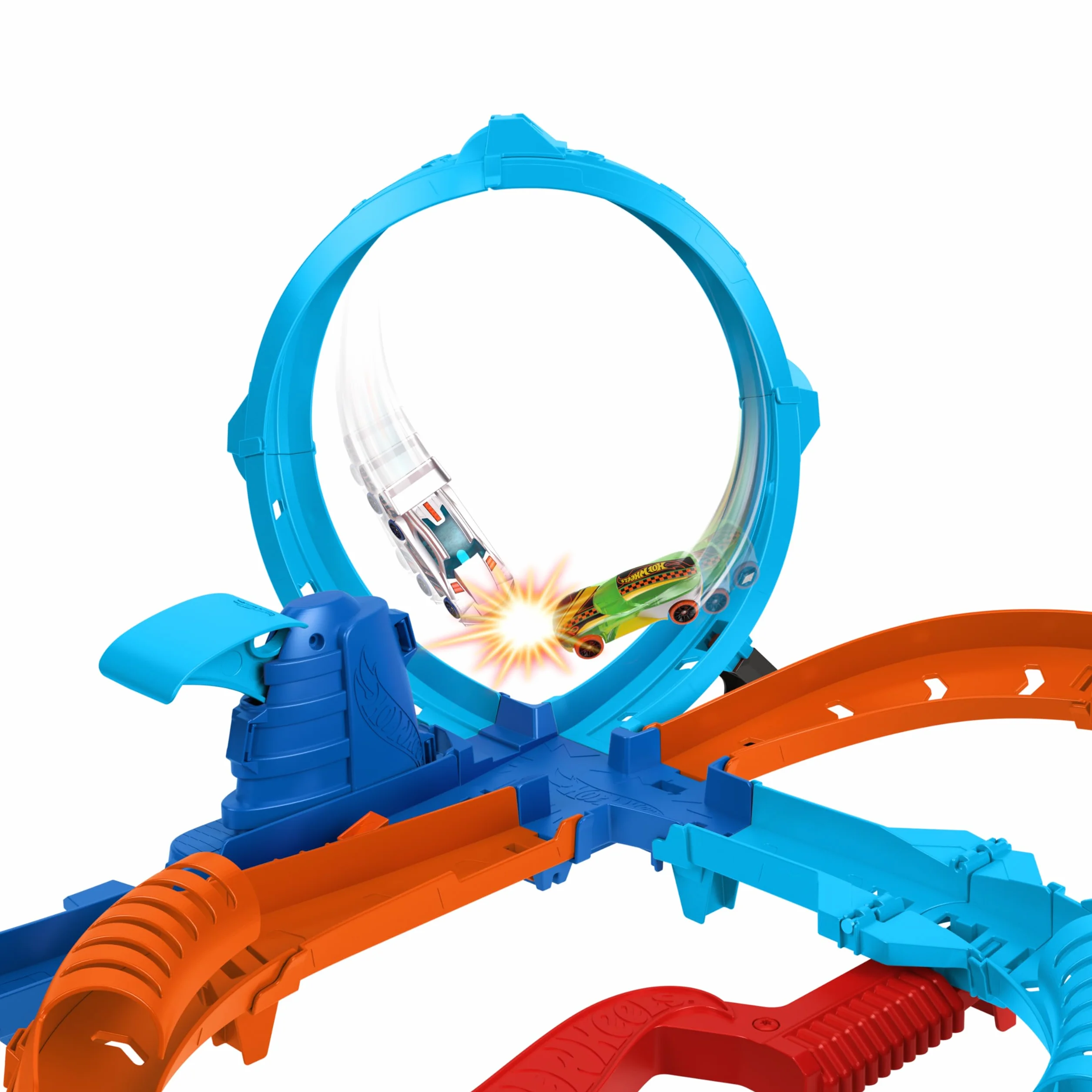 Hot Wheels Ultra Hots Pojedynek z turboprzyspieszeniem Zestaw do zabawy + 2 samochody w skali 1:64, tory wyścigowe i popisy kaskaderskie z 2 wyrzutniami, HXR71