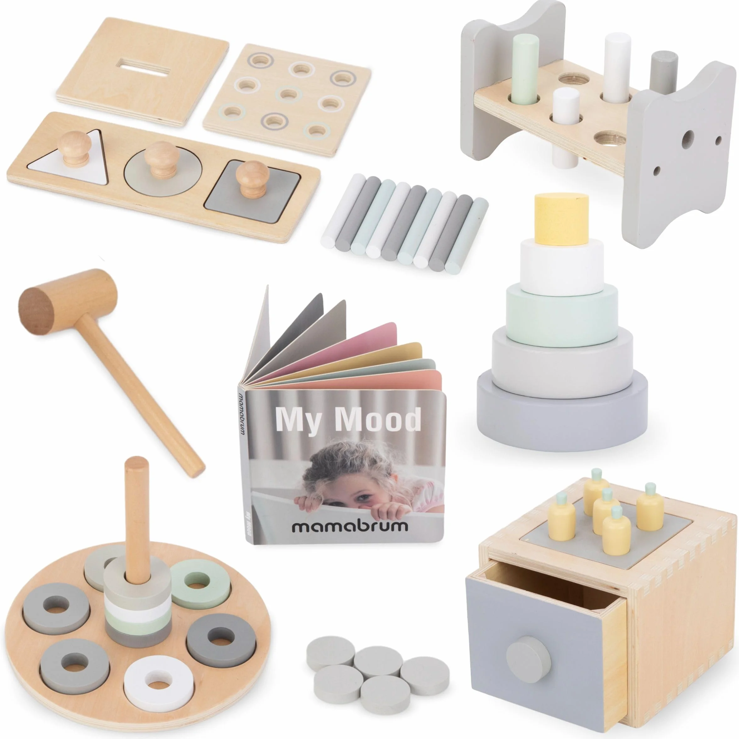 Mamabrum Zabawka Montessori dla Małych Dzieci 12 m+, Kreatywne Pudełko Edukacyjne - 6 Zabawek: Wbijanka z Młotkiem, Puzzle, Książeczka, Pudełko z Szufladą, Piramida, Układanka