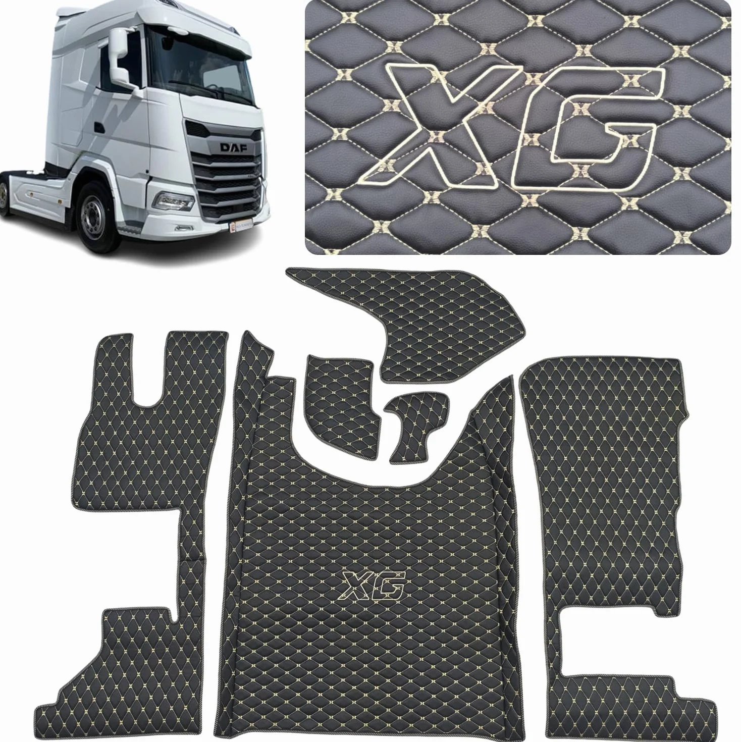 Dywaniki do samochodu ciężarowego kompatybilne z DAF XG 2022+ mata pod stopy (materiał czarny, nici beżowe)