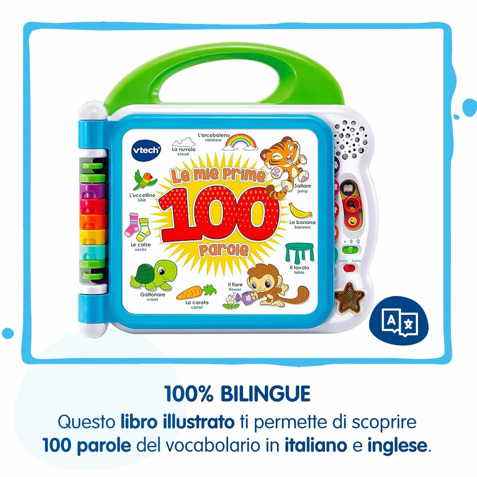 VTech Moja pierwsza ilustrowana książka - Le Mie Prime 100 słów, dwujęzyczna książka dla dzieci, książka sensoryczna w języku włoskim i angielskim, książka dla noworodków z 3 trybami, z bateriami, 18