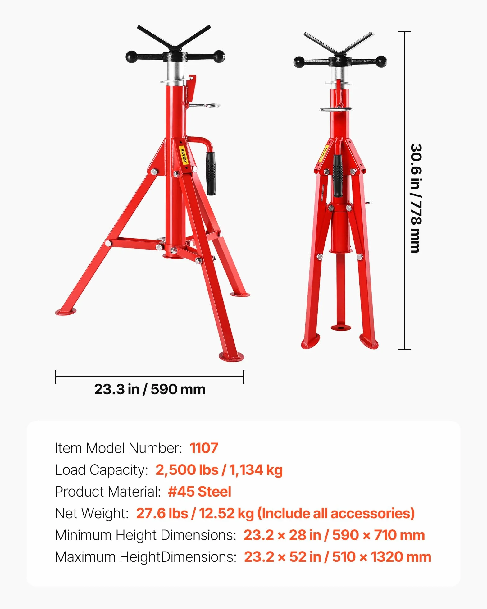 VEVOR Stojak na rurę z głowicą V regulowana wysokość 28-152 cm 4500 lbs/2 tony składany przenośny