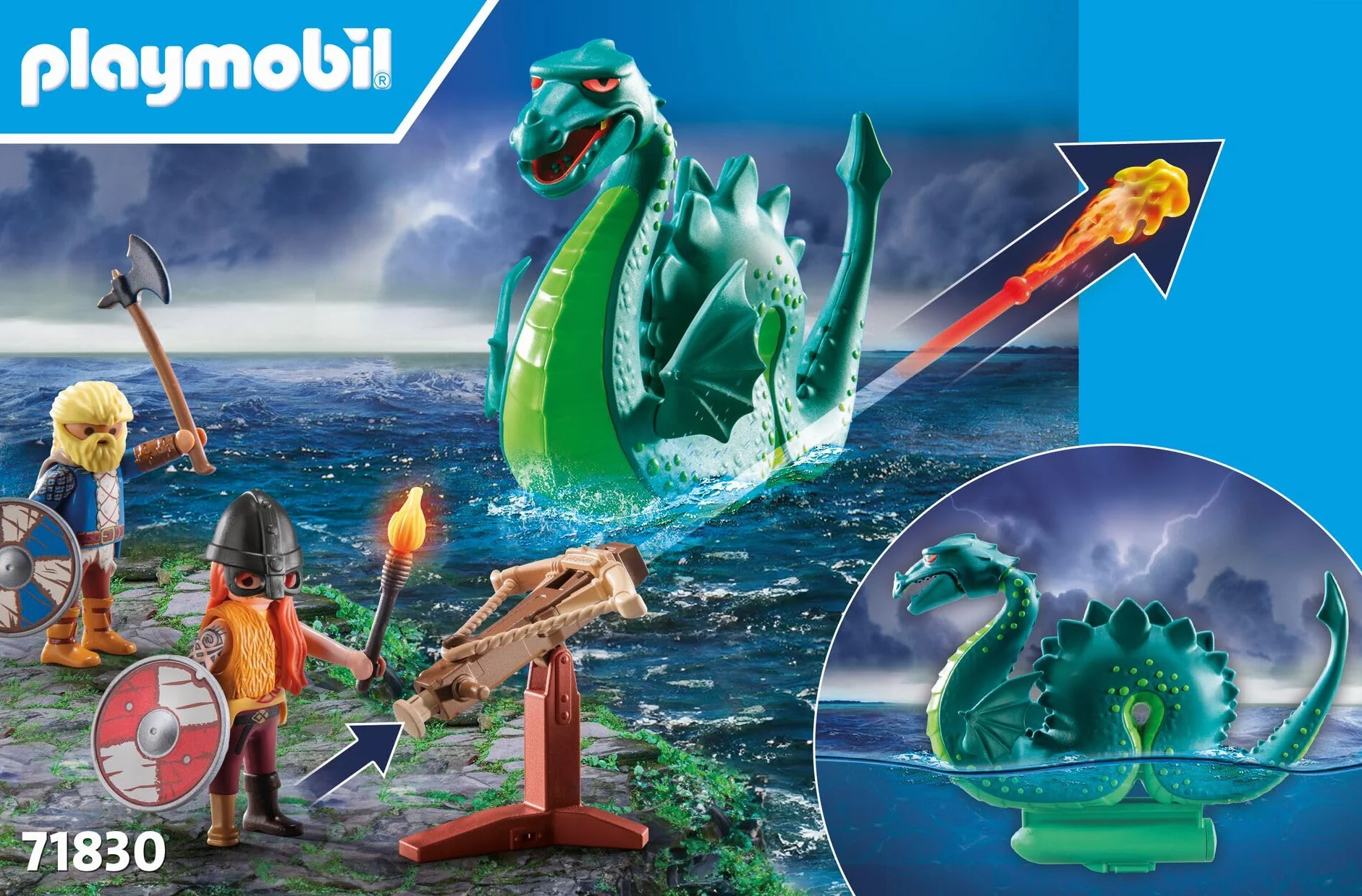 PLAYMOBIL | Wiking z Potworem Morskim | Edukacyjna zabawka dla dzieci 4+ | Kreatywny zestaw do zabawy | Figurka Smoka & Statek Wikingów | Pobudza wyobraźnię | 71830