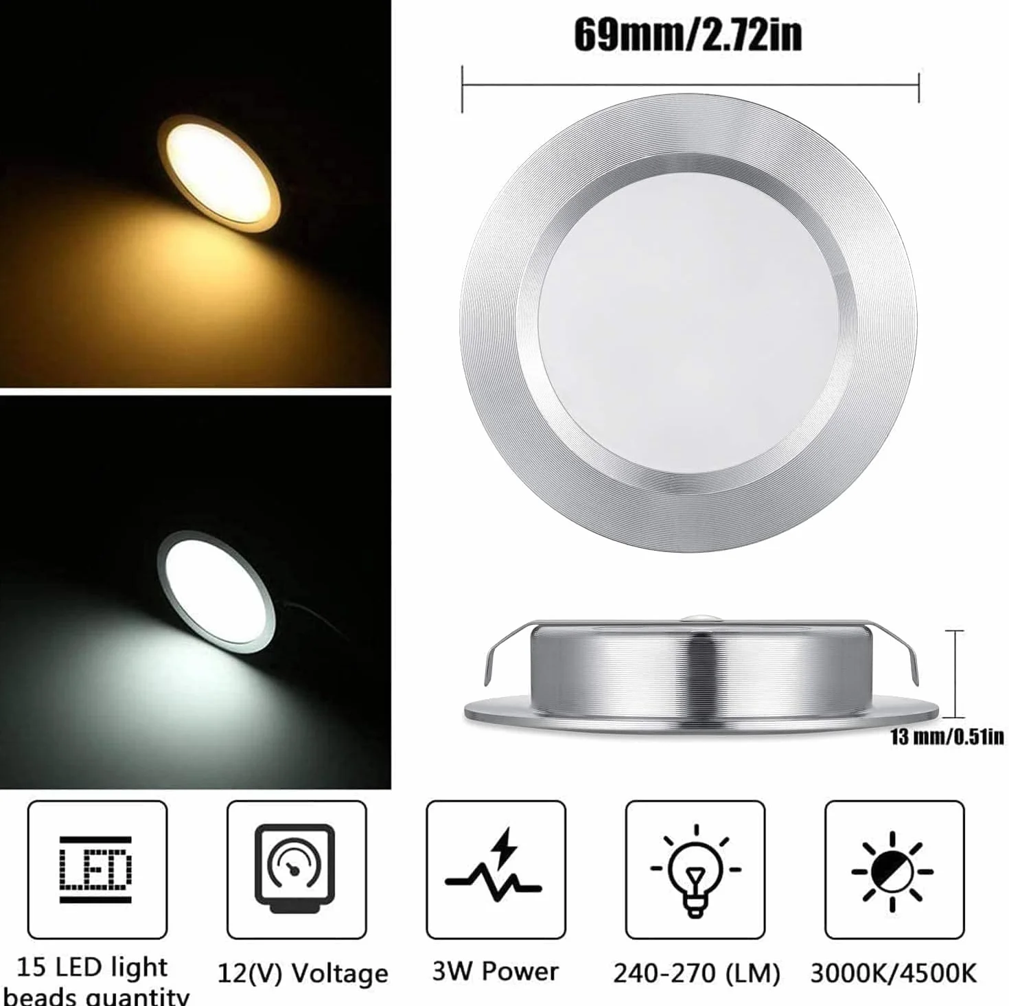 Światła LED 12V 3W 300 lumenów ciepła biel 2800K ściemniane do kampera 6 sztuk