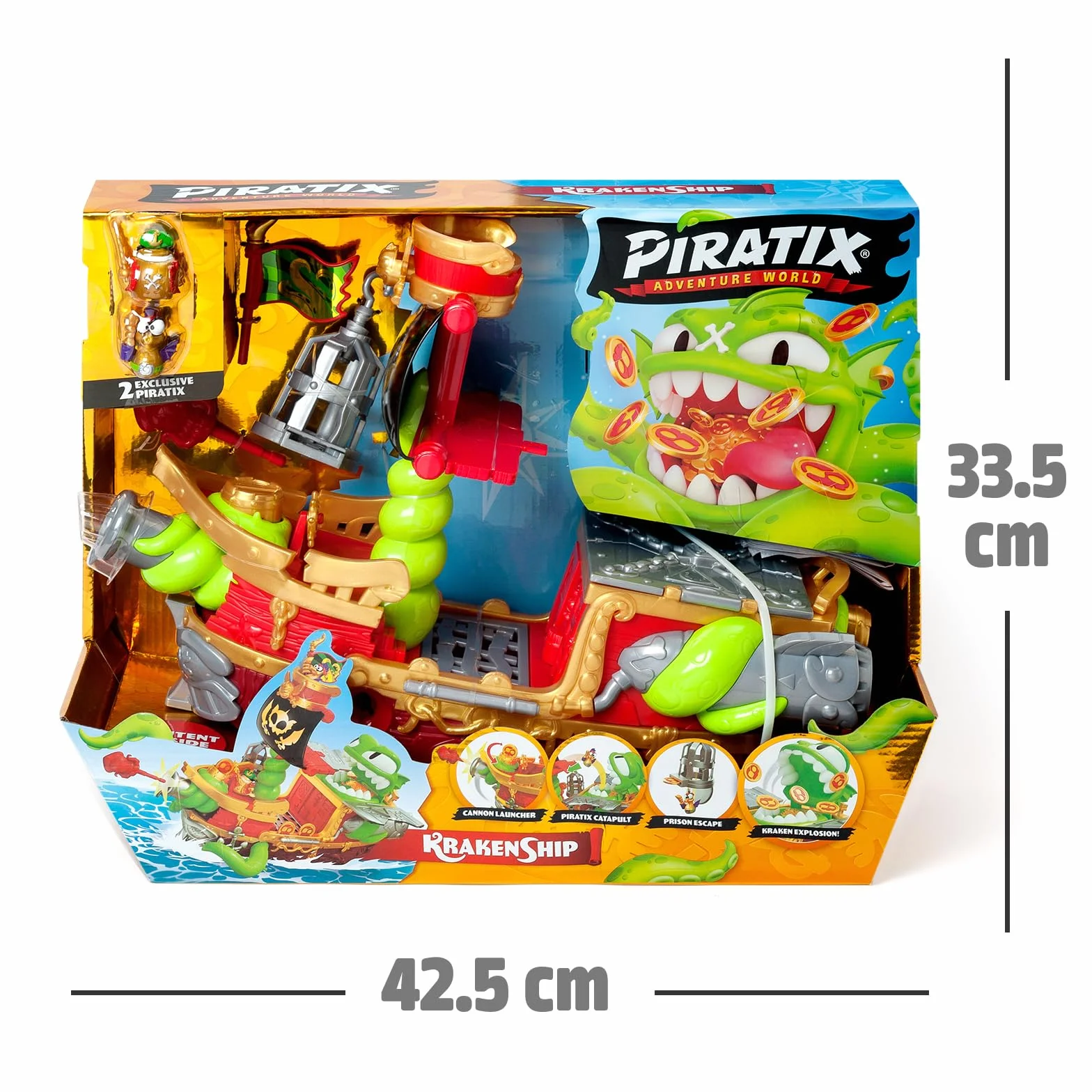 PIRATIX Kraken Ship – Statek piracki Piratix.Zestaw zawiera:1 Kraken Ship,2 Piratiksy z akcesoriami,1 pocisk armatni,1 monetę, 6 złotych monet,1 ekskluzywną banderę,1 miecz,1 kotwicę i 1 więzienie.