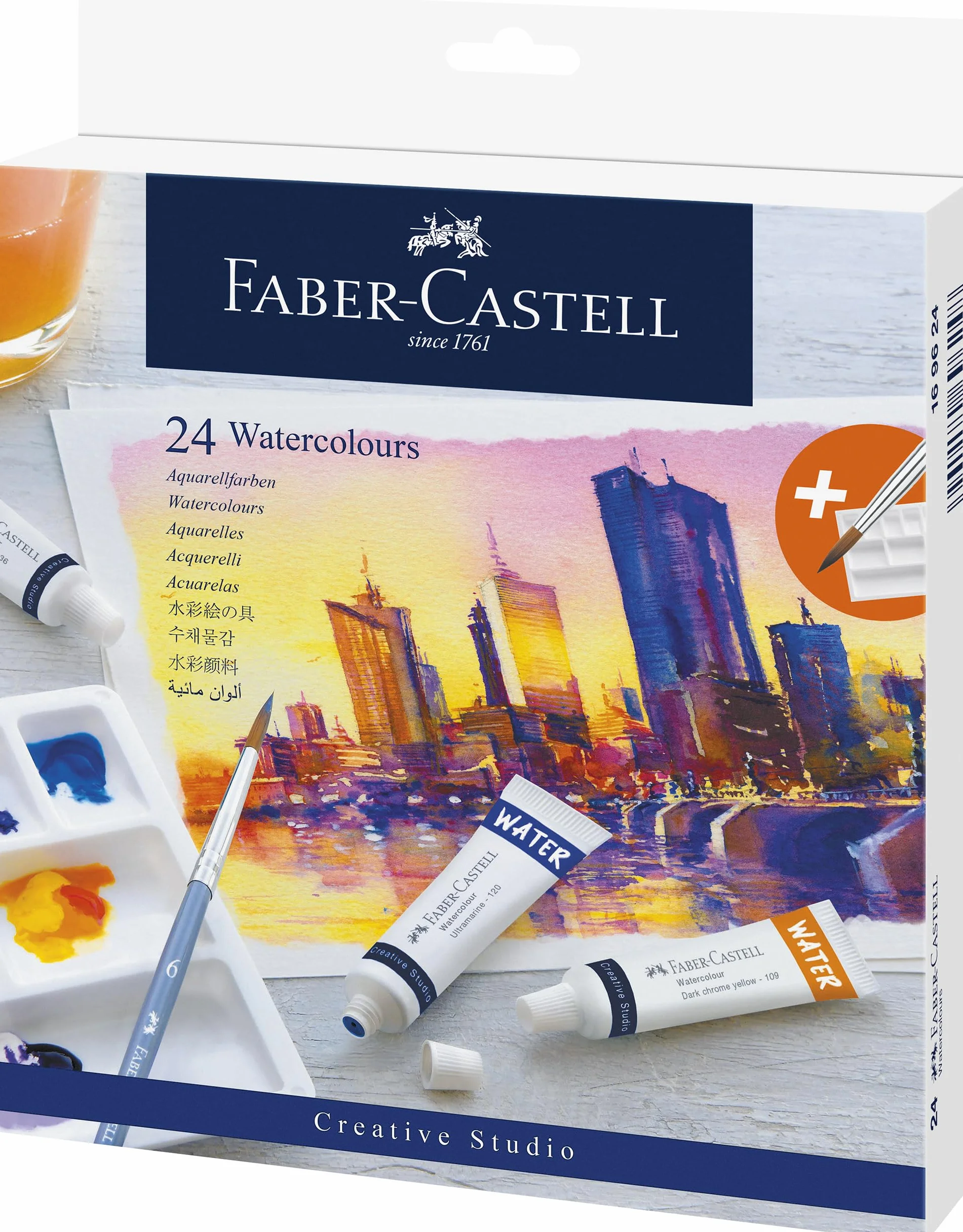 Faber-Castell Creative Studio zestaw akwareli, z paletą mieszającą, wielokolorowy, zestaw 24 sztuk, do sztuki, rzemiosła, rysowania, szkicowania, domu, szkoły, uniwersytetu, kolorowania