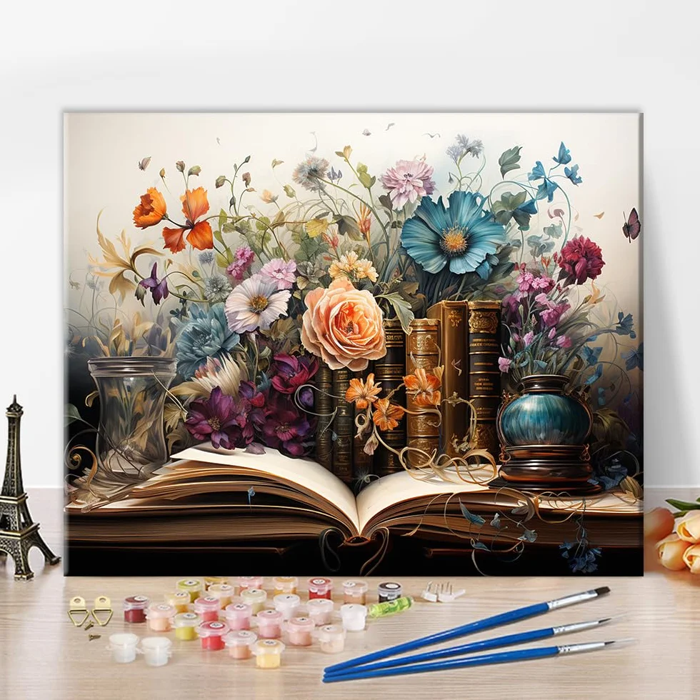 TISHIRON Malowanie według liczb dla dorosłych, książki i kwiaty, motyw akwarelowy, zestaw "zrób to sam", na płótnie 40 x 50 cm, z farbami akrylowymi i pędzlami, kreatywne hobby do domu i pomysły na