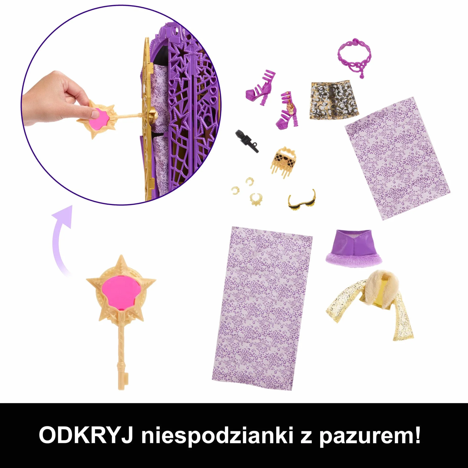 Monster High Straszysekrety Clawdeen Wolf Seria 6 Tajemnice Hollyduch Zestaw lalka, szafa i ponad 19 niespodzianek, w tym ubranka dla lalki i akcesoria, JBG80