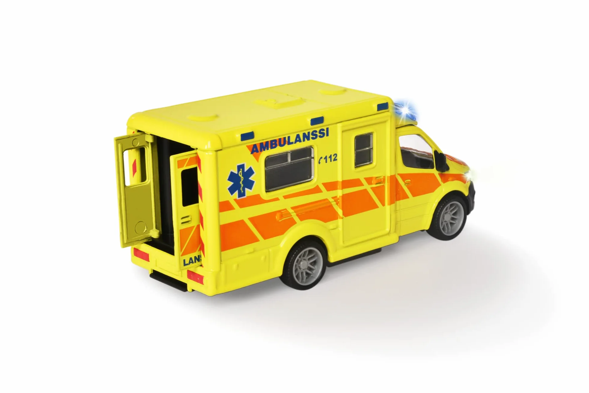 Majorette 213712001019 - Grand Series - Mercedes-Benz Sprinter Fiński Ambulans - Karetka pogotowia fińskiego modelu z Wolnobiegiem, Metal, Lekki, Dźwięk, Miękkie gumowe opony, 12,5 cm, 1:43, Od 3 lat,
