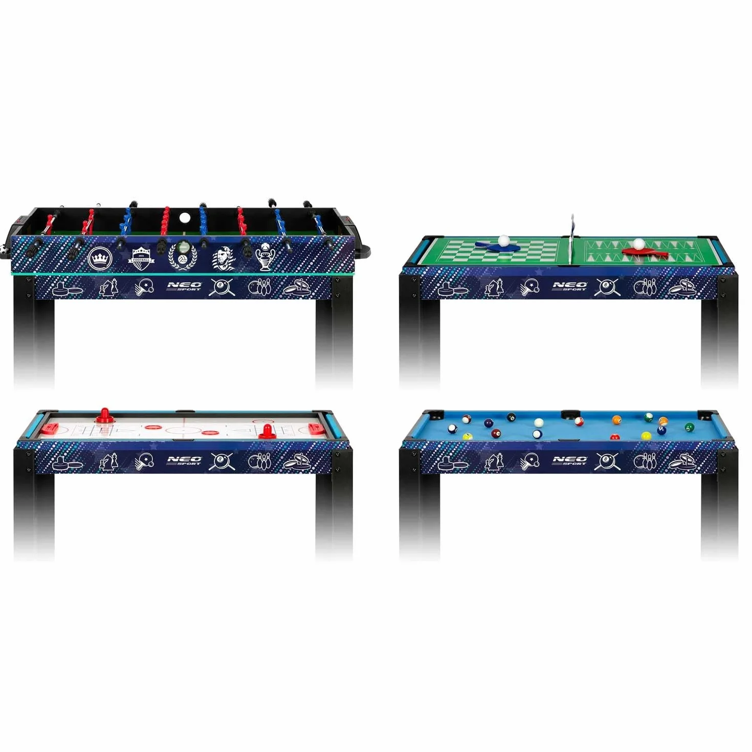 Multi stół do gier 12w1, piłkarzyki, ping-pong, cymbergaj, bilard, warcaby, kręgle, szachy, karty, 106 x 59 x 90 cm, Neo-Sport