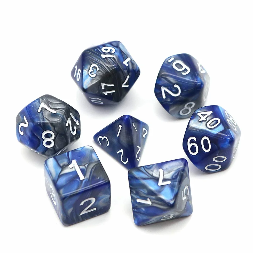DollaTek Zestaw ko?ci wielo?ciennych, gry sto?owe, 3 zestawy ko?ci 3 x 7 (21 sztuk), seria matryc, D20, D12, D10, D8, D6, D4, DND, DND, RPG, MTG, podwójne kolory, jednocz??ciowe (niebieskie i srebrne)