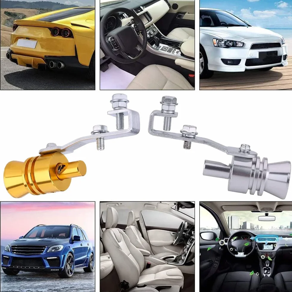 Zestaw 2 gwizdków Uspuff, gwizdek turbosprężarki wydechowej samochodu, gwizdek dźwiękowy turbo samochodu, symulator dźwięku turbo samochodu, L do rur wydechowych, złoty i srebrny