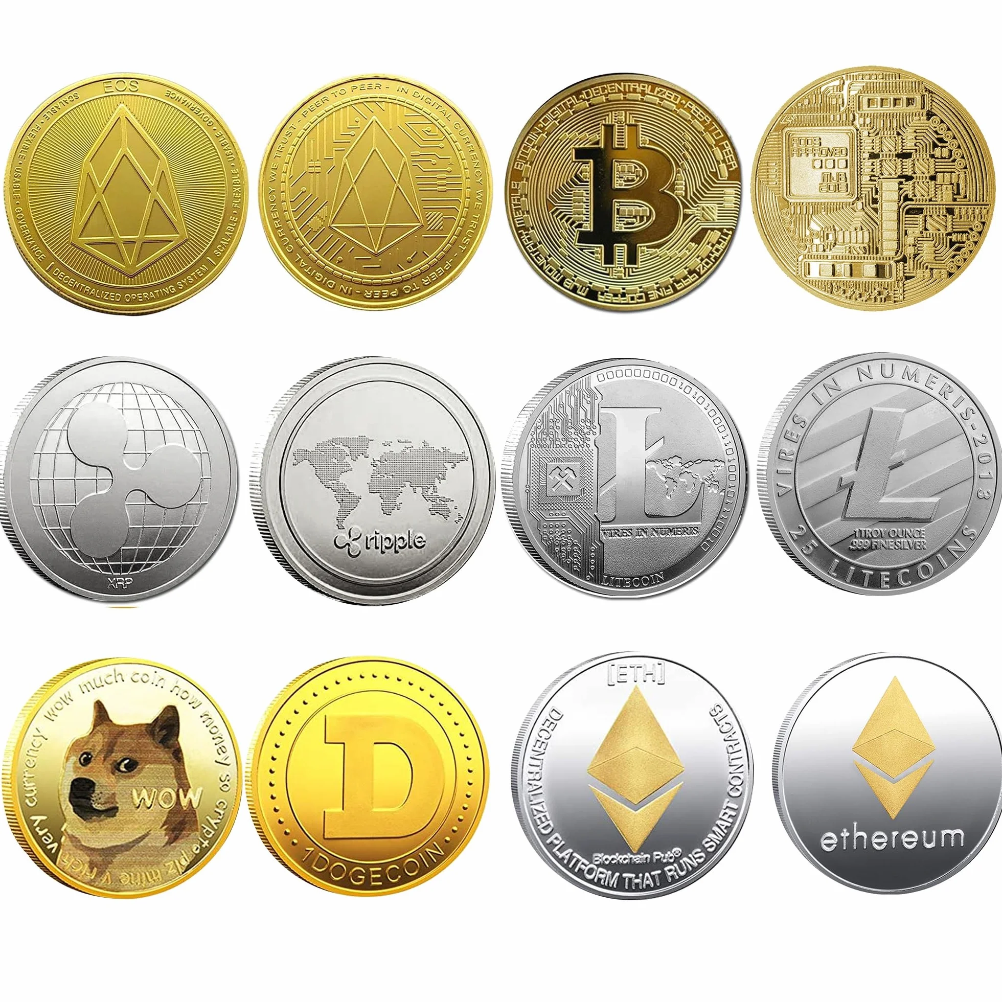 Krisler Bitcoin Coin Collector Zestaw upominkowy do fizycznej kryptowaluty | Bitcoin (BTC), Ethereum (ETH), Litecoin (LTC), Ripple (XRP), EOS (EOS), Dogecoin (Doge), Gold i Silver (6 paczek)