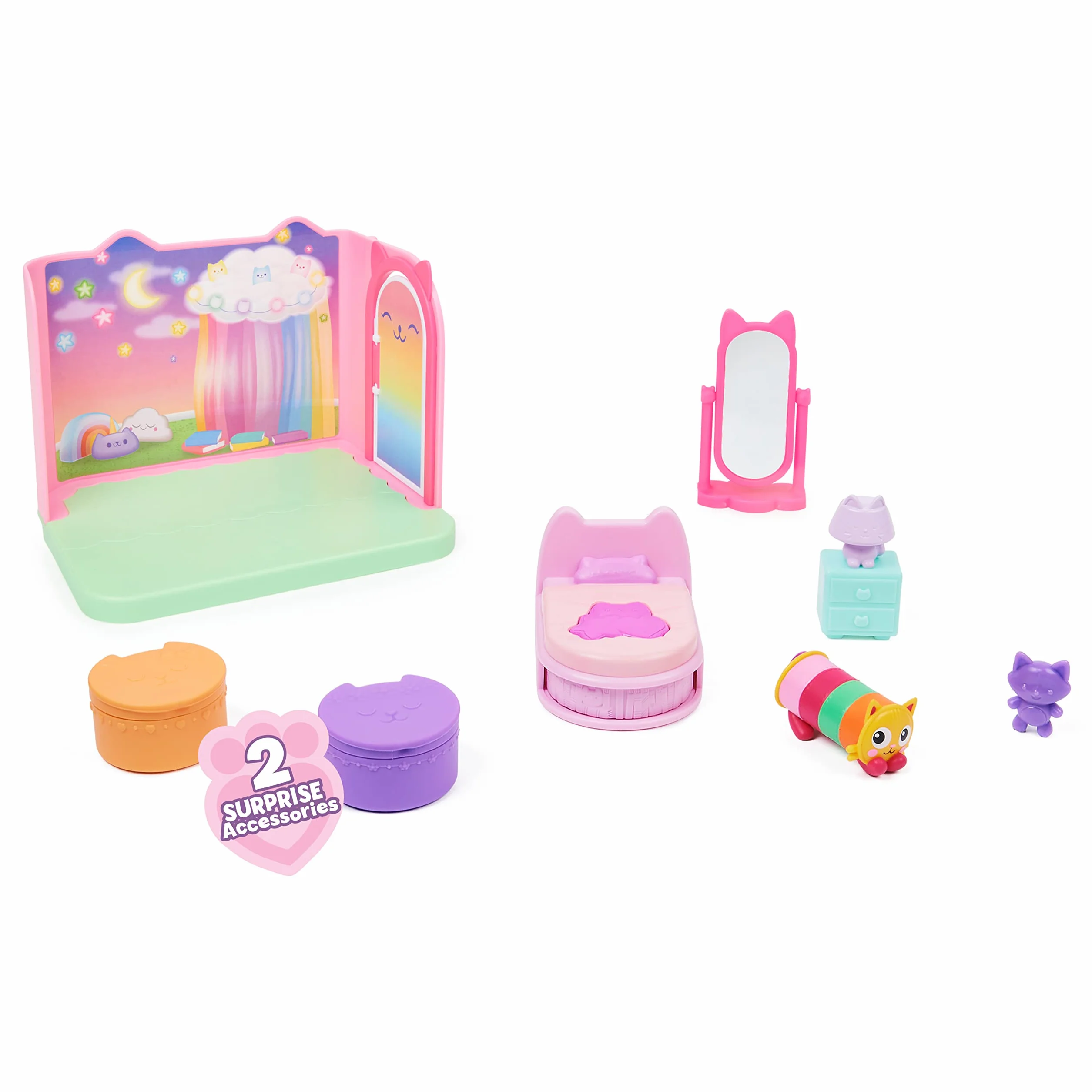 Domek dla lalek Gabby, Sweet Dreams, sypialnia z poduszką, figurką kota i akcesoriami, 3 elementy mebli i 2 niespodzianki, zabawki dla dzieci od 3 roku życia