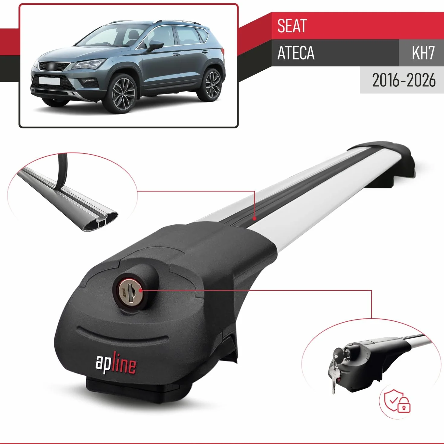 Kompatybilny z Seat Ateca (KH7) 2016-2026 ACE-1 Model Aluminiowy bagażnik dachowy – 2 poprzeczki, szary