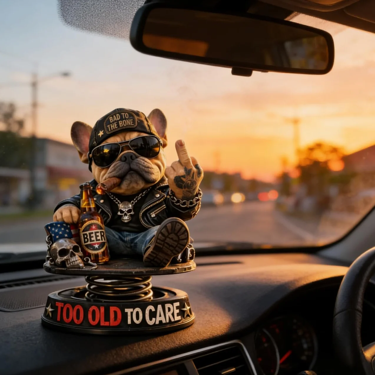 Too Old to Care Dashboard Bobblehead, interesujący buldog jako dekoracja samochodowa, zabawna dekoracja deski rozdzielczej samochodu w kształcie psa ze sprężynową podstawą, bobbleheady na deskę