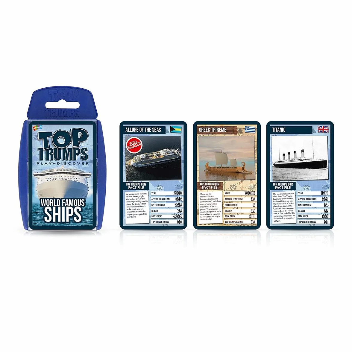 Top Trumps Światowej sławy statki klasyczna gra karciana, poznaj fakty o tankowcach, jachtach i statkach wycieczkowych, w tym Allure of the Seas, Titanic i Brittania, prezenty i zabawki dla chłopców i