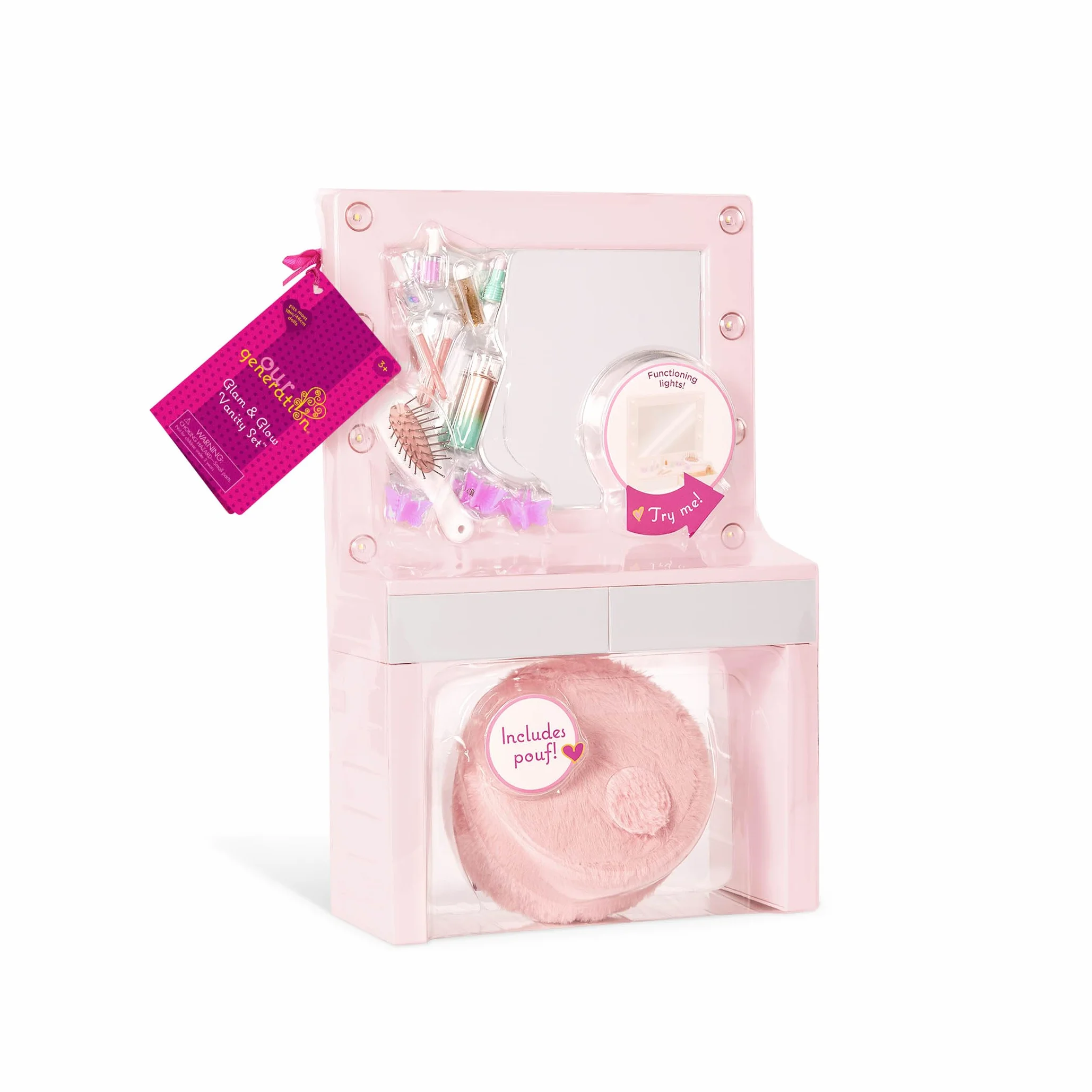 Our Generation Pink Vanity Table Playset – Light-up Mirror – Pretend Makeup & Styling Items – 45 cm Doll Accessories – Toys for Kids Ages 3 & Up – Glam & Glow Vanity Set