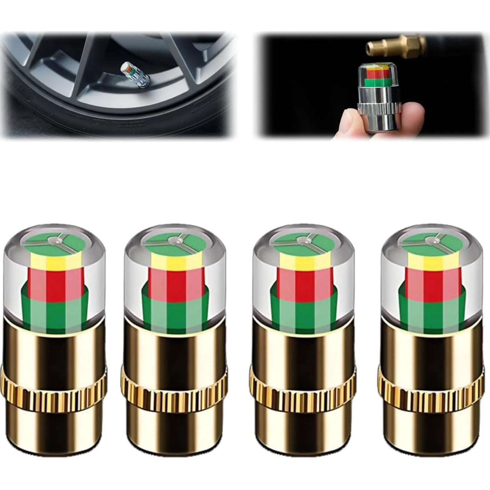 Tire Pressure Valve Caps 2.4bar 36PSI Visual Sensor Indicators ABS Metal Stem Covers 4 Pack