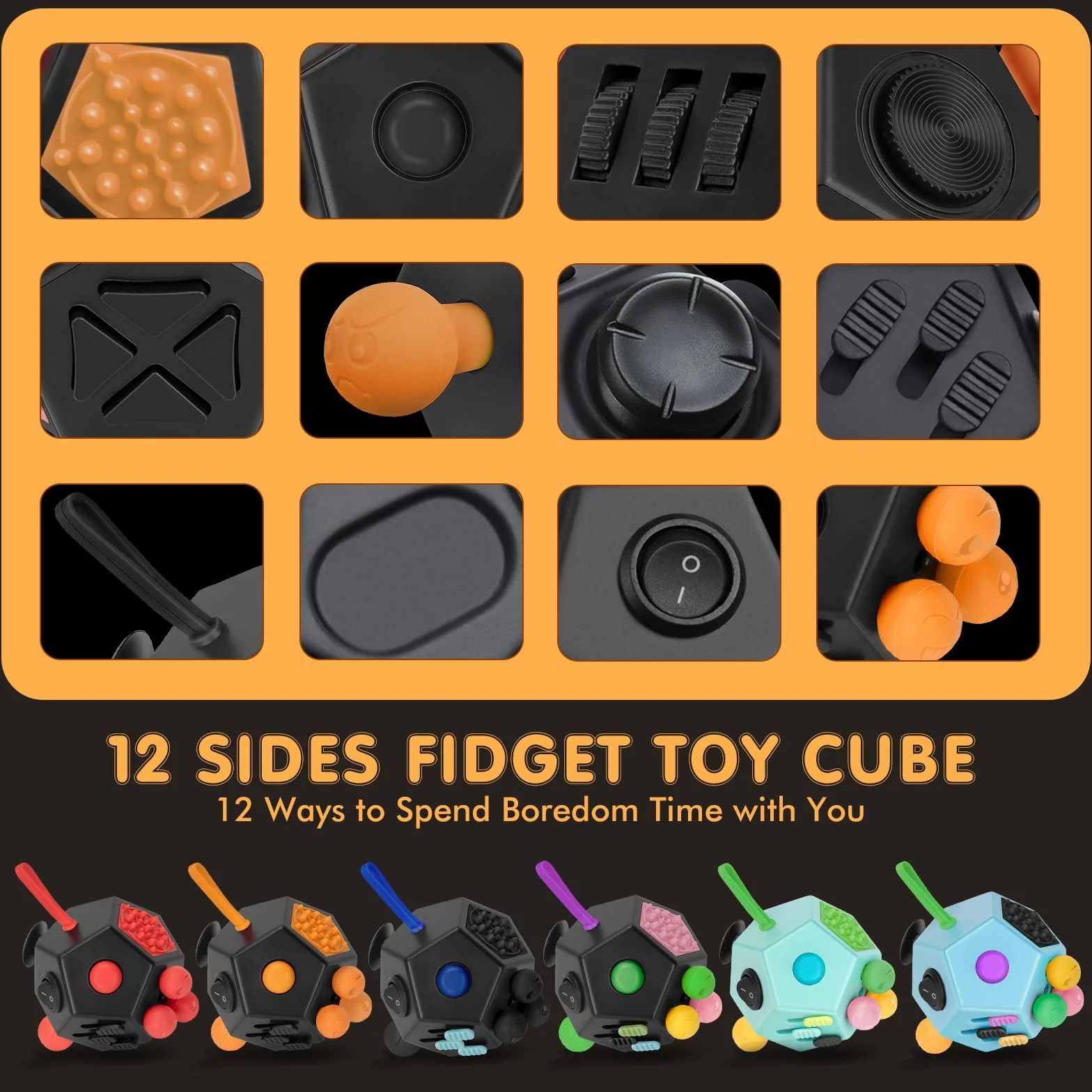 12-Stronna Kostka Fidget Cube - Zabawka Fidget Cube Dla DorosłYch I Dzieci Z Adhd,Add,Autyzmem,Antystresowa Ulga W LęKu Oryginalne Zabawki Infinity,Black Orange