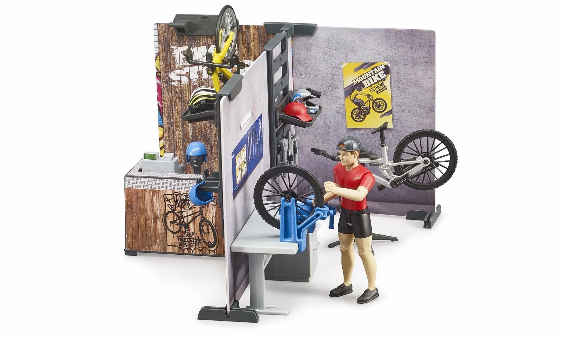 bruder 63120 - sklep rowerowy bworld z rowerami wyścigowymi, rowerami górskimi, warsztatem, sprzętem, narzędziami, ladą sprzedażową