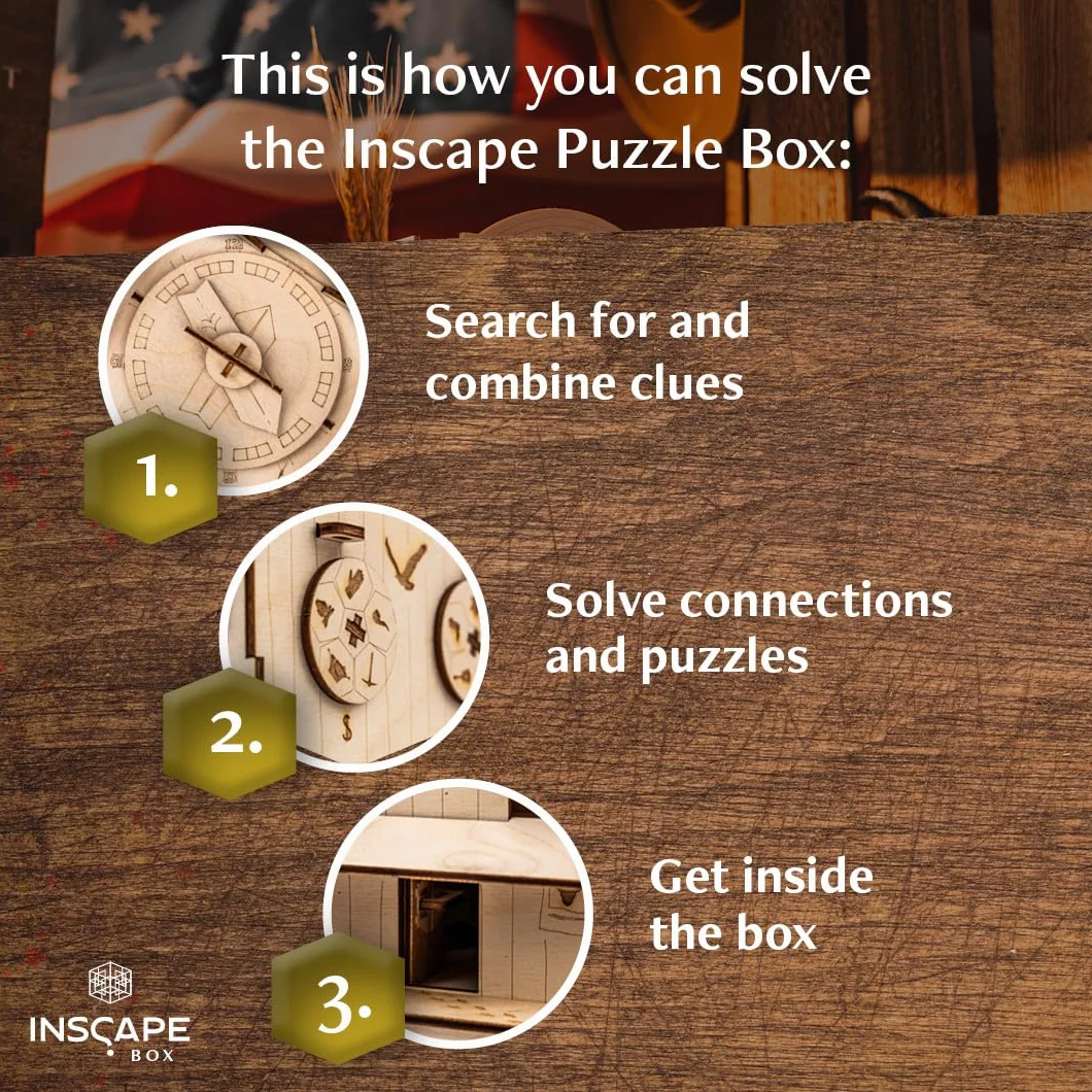 INSCAPE Wild West Riddles drewniane pudełko z puzzlami - puzzle - Escape Room gra dla dorosłych i dzieci - gry logiczne dla dorosłych - drewniane puzzle 3D - Cluebox - gry myślące