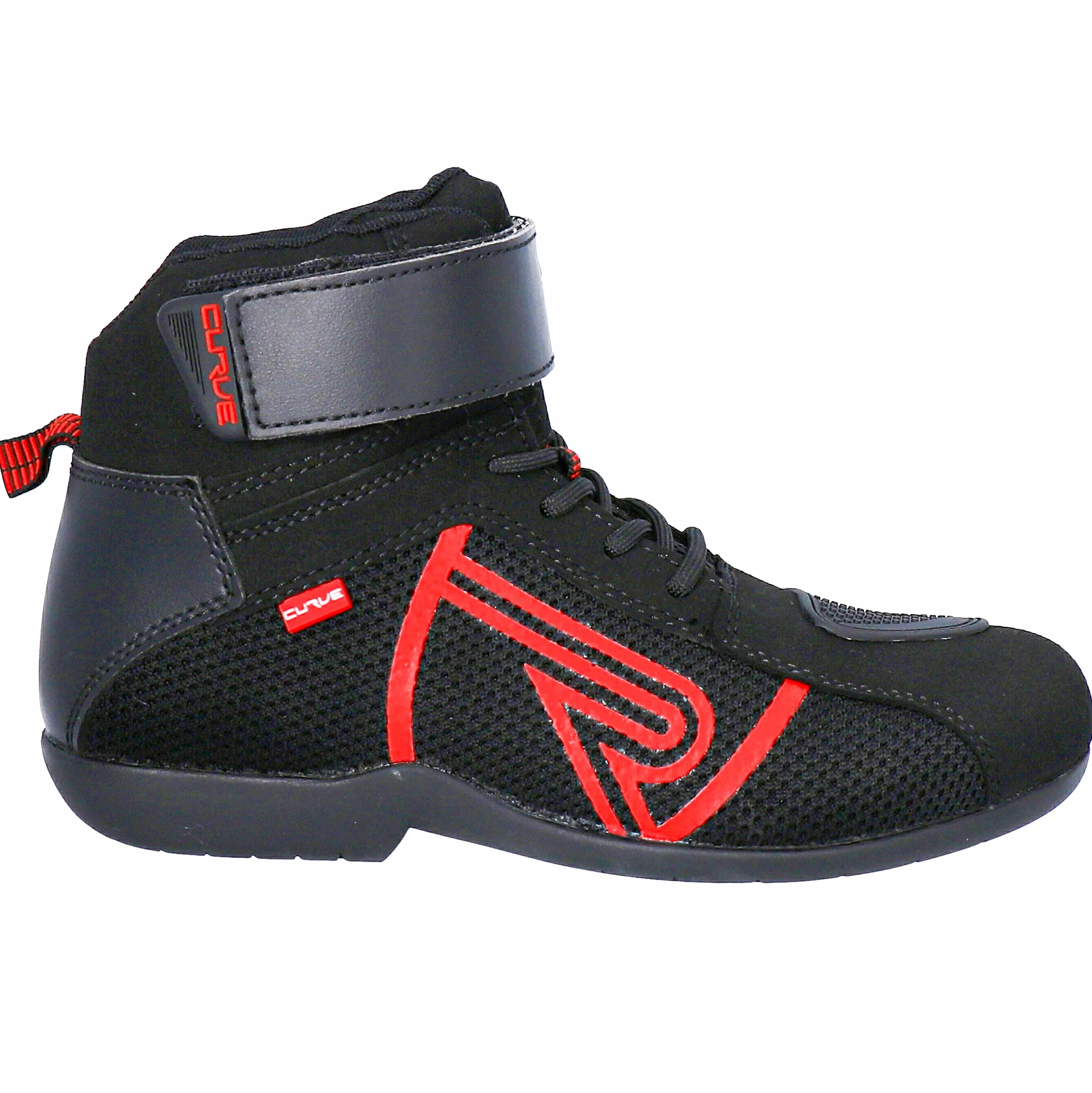 CURVE Czarne/czerwone buty motocyklowe Rubi | Mężczyzna i kobieta | Mikrofibra | Miejskie zastosowanie | Wzmocnienie zmiany biegów, czerwone detale, koronki, podeszwa antypoślizgowa | homologacja CE