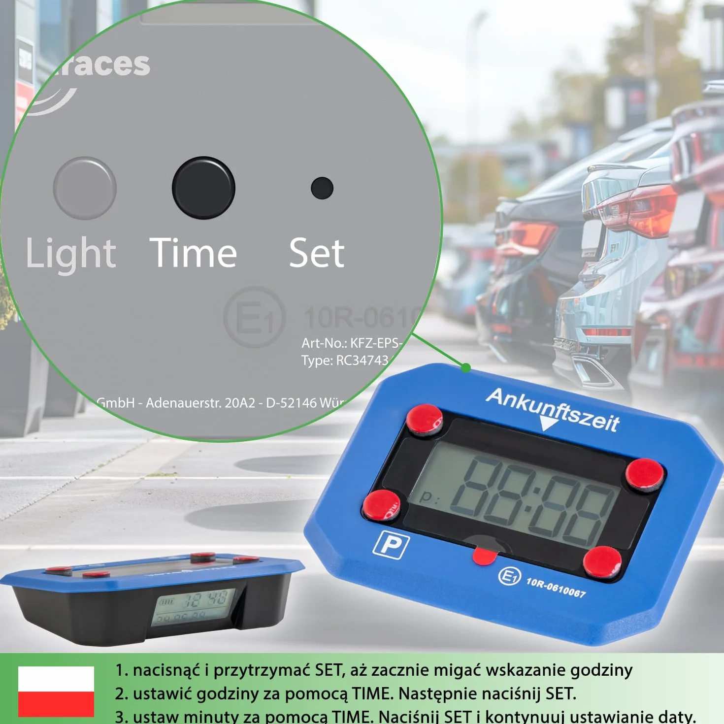 Fouraces elektroniczny czujnik parkowania z wymienną baterią automatyczny czas letni/zimowy niebieski