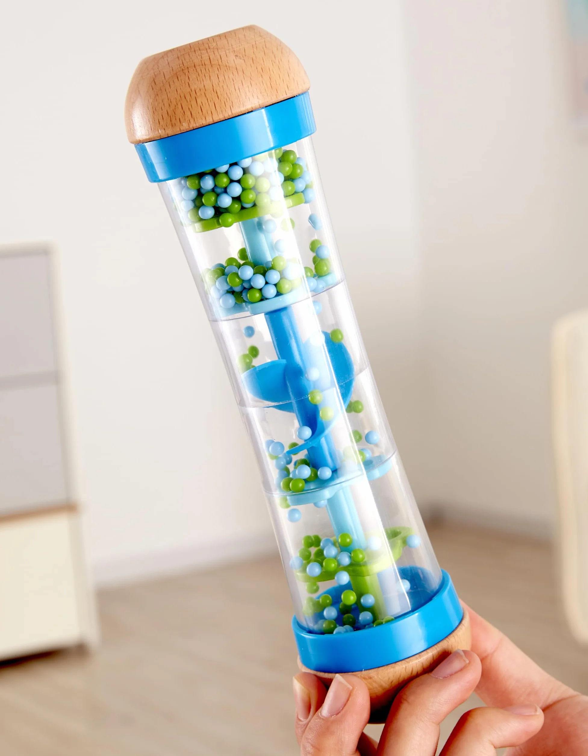 Hape Rainmaker , Mini Rattle Wooden Rainmaker Toy, Blue