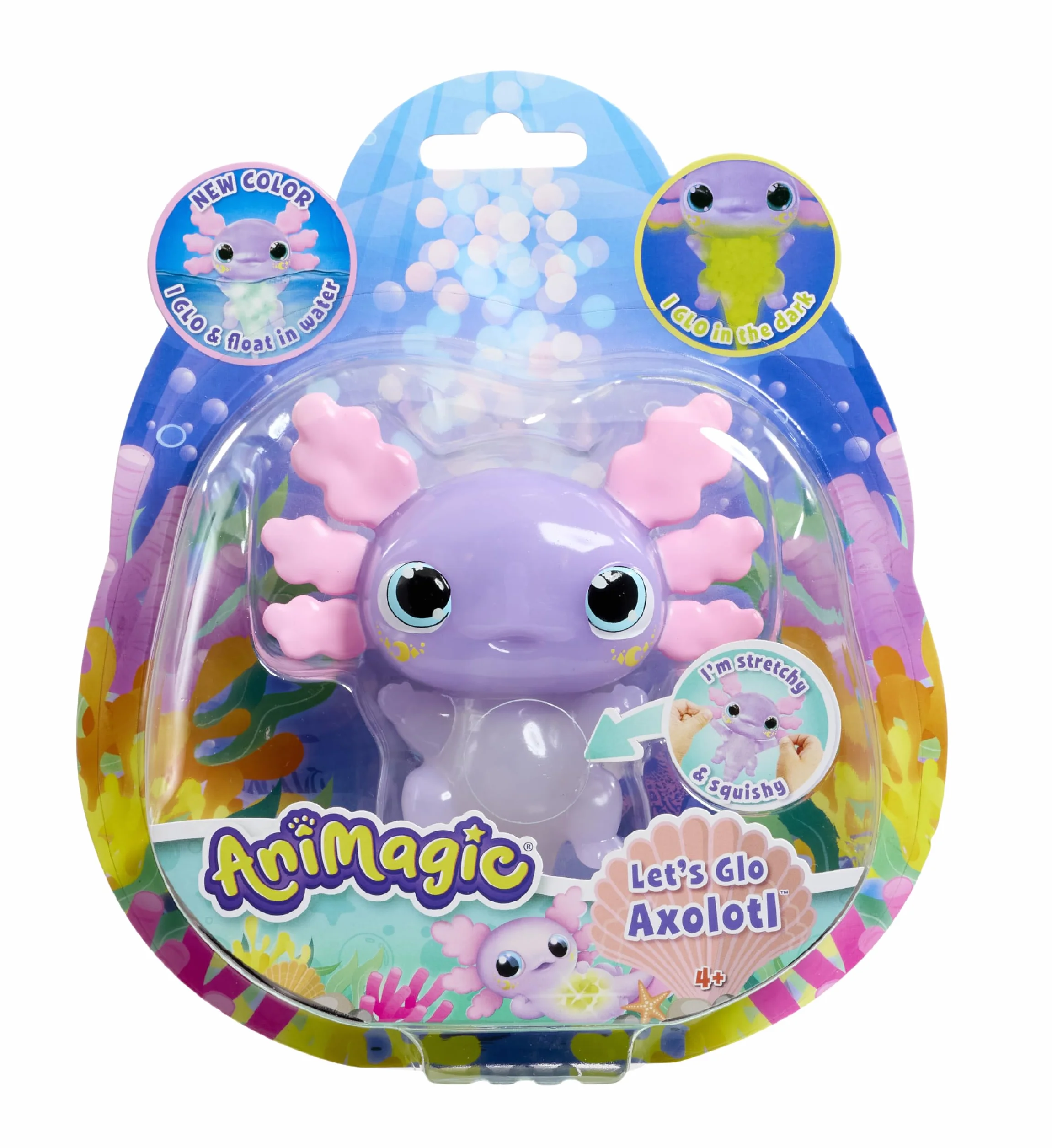 ANIMAGIC - Let's Glo Axolotl Pastel - Świecące elektroniczne zwierzę domowe - Dla dzieci od 4 lat - Wysuwany korpus z fosforyzującymi się perłami wodnymi i UV LED - Unosi się i świeci w wodzie
