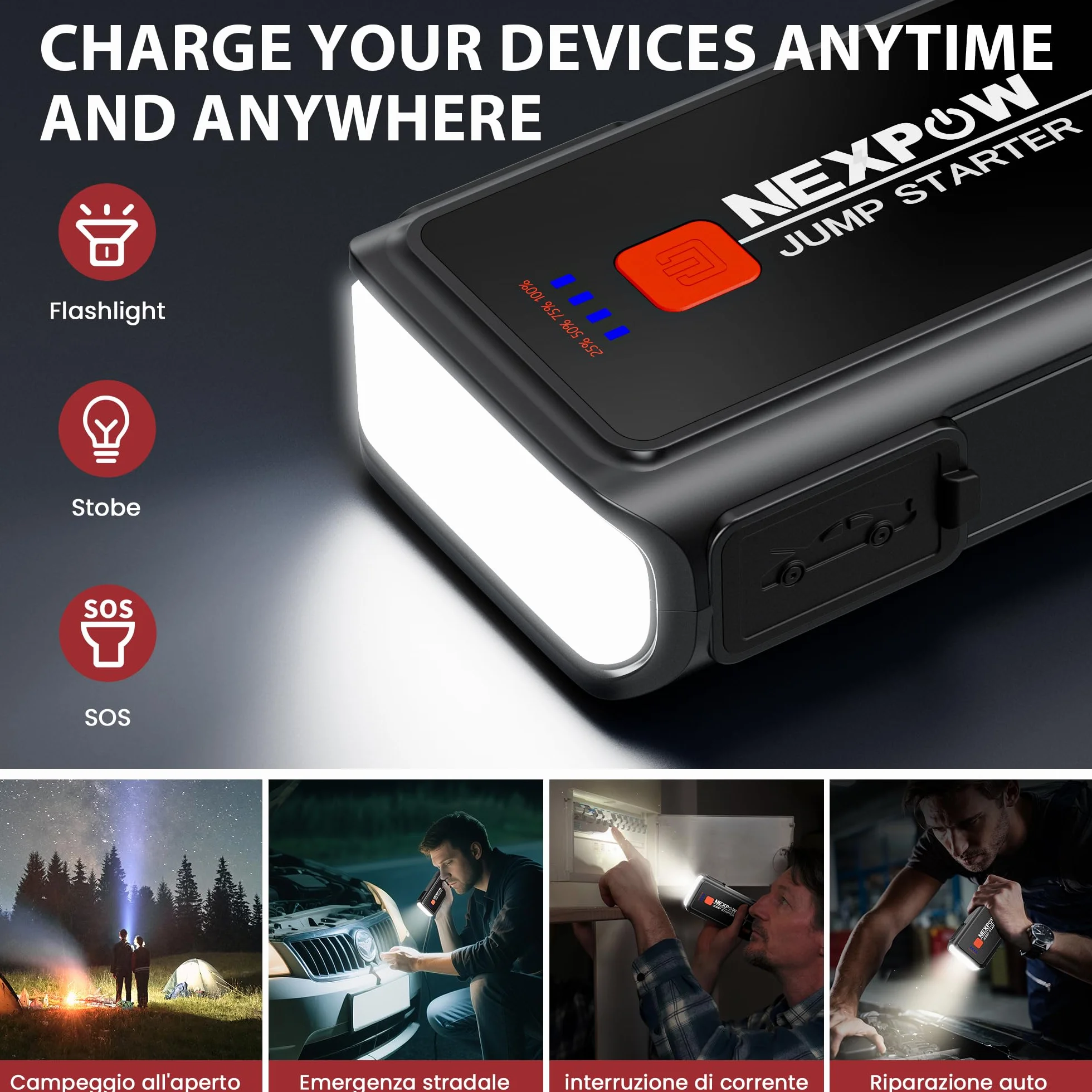 NEXPOW Urządzenie rozruchowe 3000 A do pojazdów 12 V (do 10 l benzyny/8,5 l oleju napędowego), powerbank z latarką LED, USB, do ekranu, wzmacniacz akumulatora samochodowego do SUV-ów, motocykli